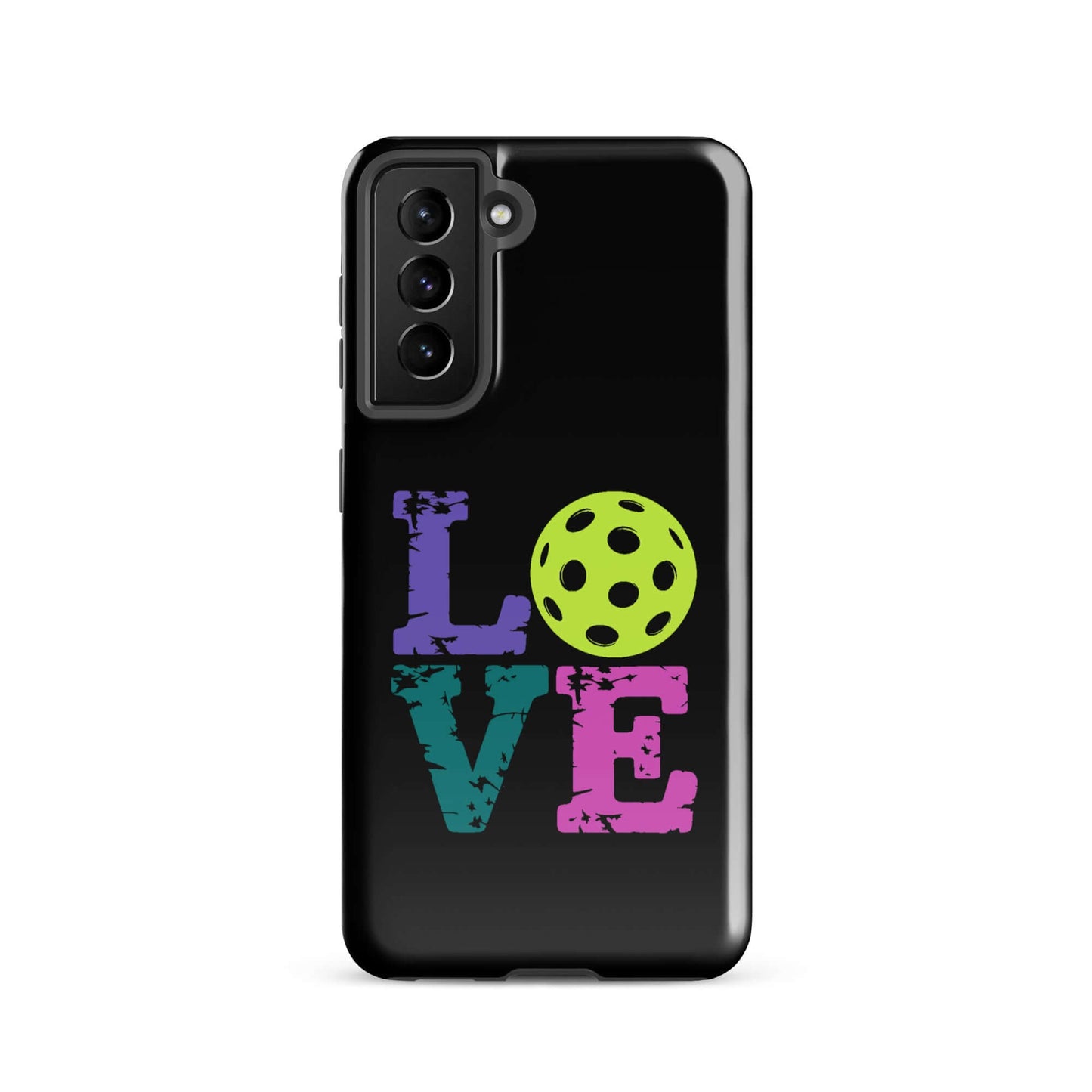 LOVE Pickleball Tough Case for Samsung® featuring colorful lettering and a pickleball graphic on a sleek black background.