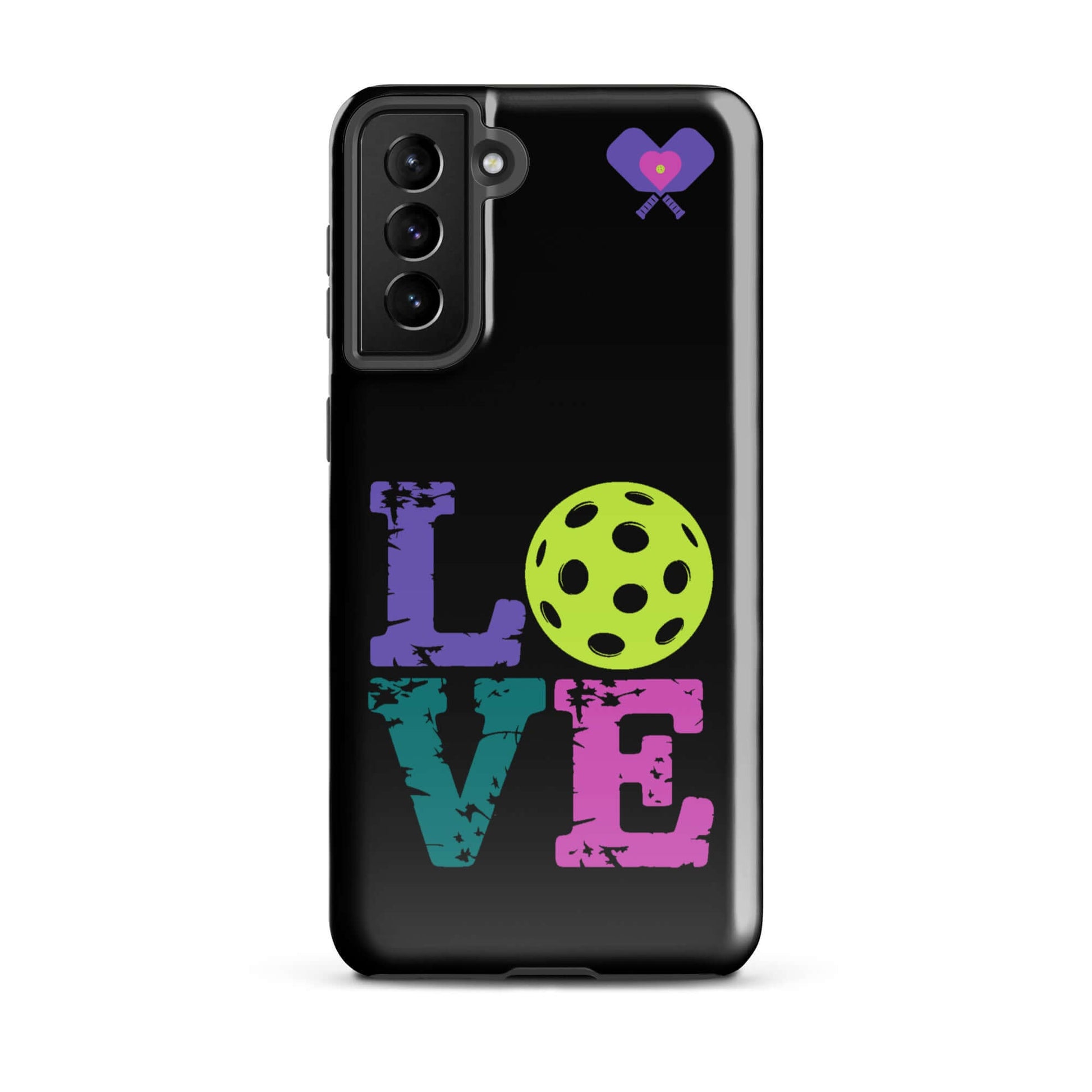 Women's LOVE Pickleball Tough Case for Samsung® featuring colorful 'LOVE' text and a pickleball graphic.