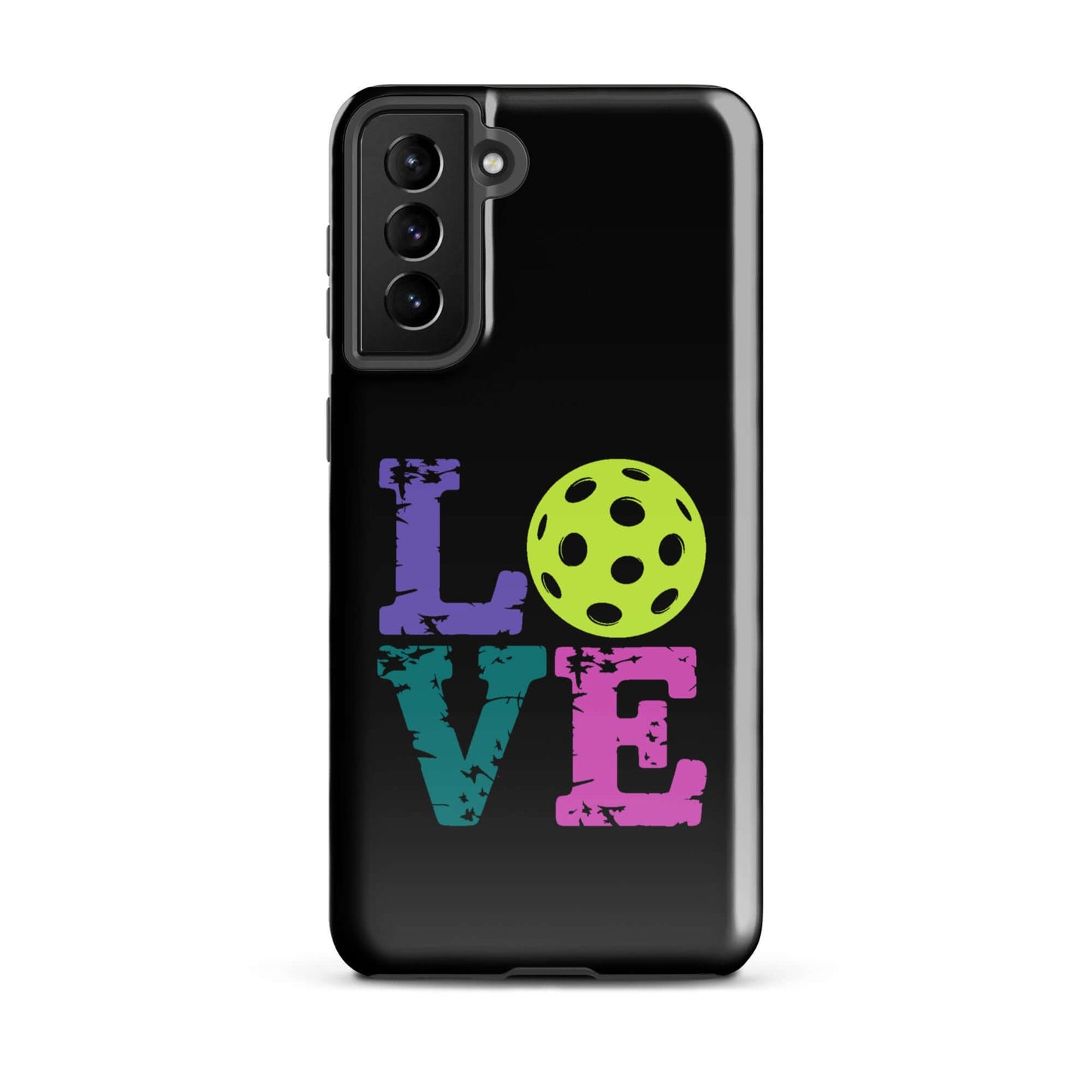 LOVE Pickleball Tough Case for Samsung® with colorful text and pickleball graphic design.