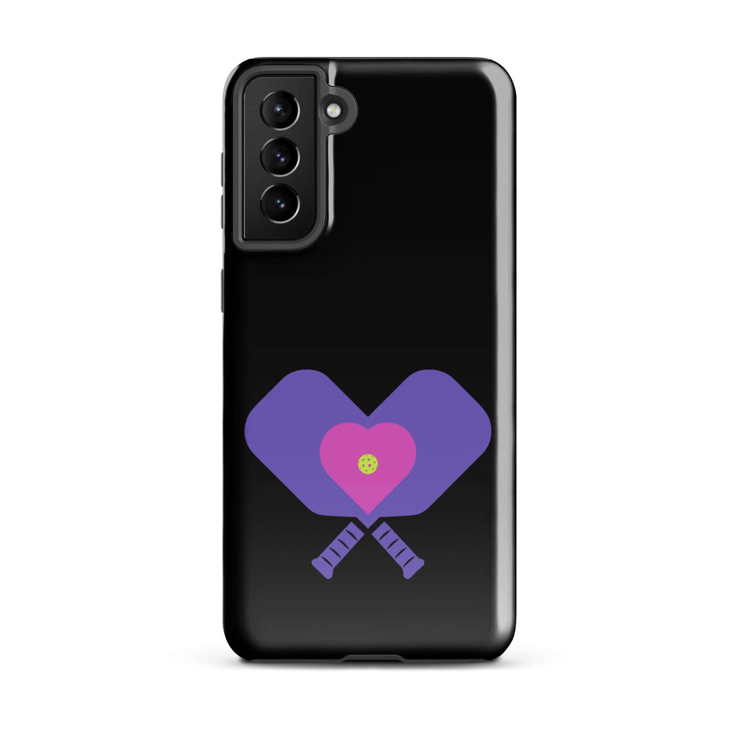 LOVE Pickleball Tough Case for Samsung® featuring heart and paddles design on a black background.