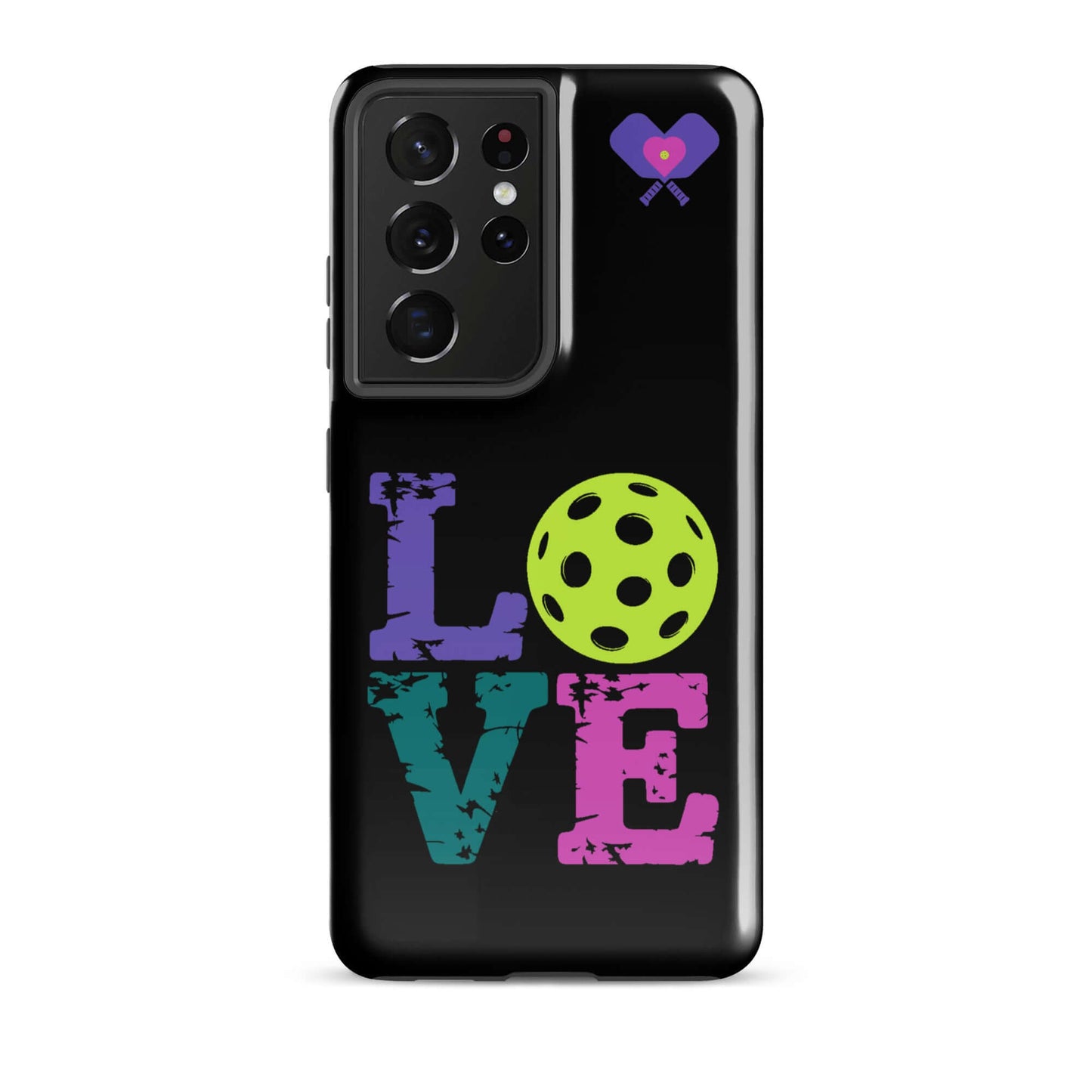 Women’s LOVE Pickleball Tough Case for Samsung® featuring colorful lettering and pickleball design.