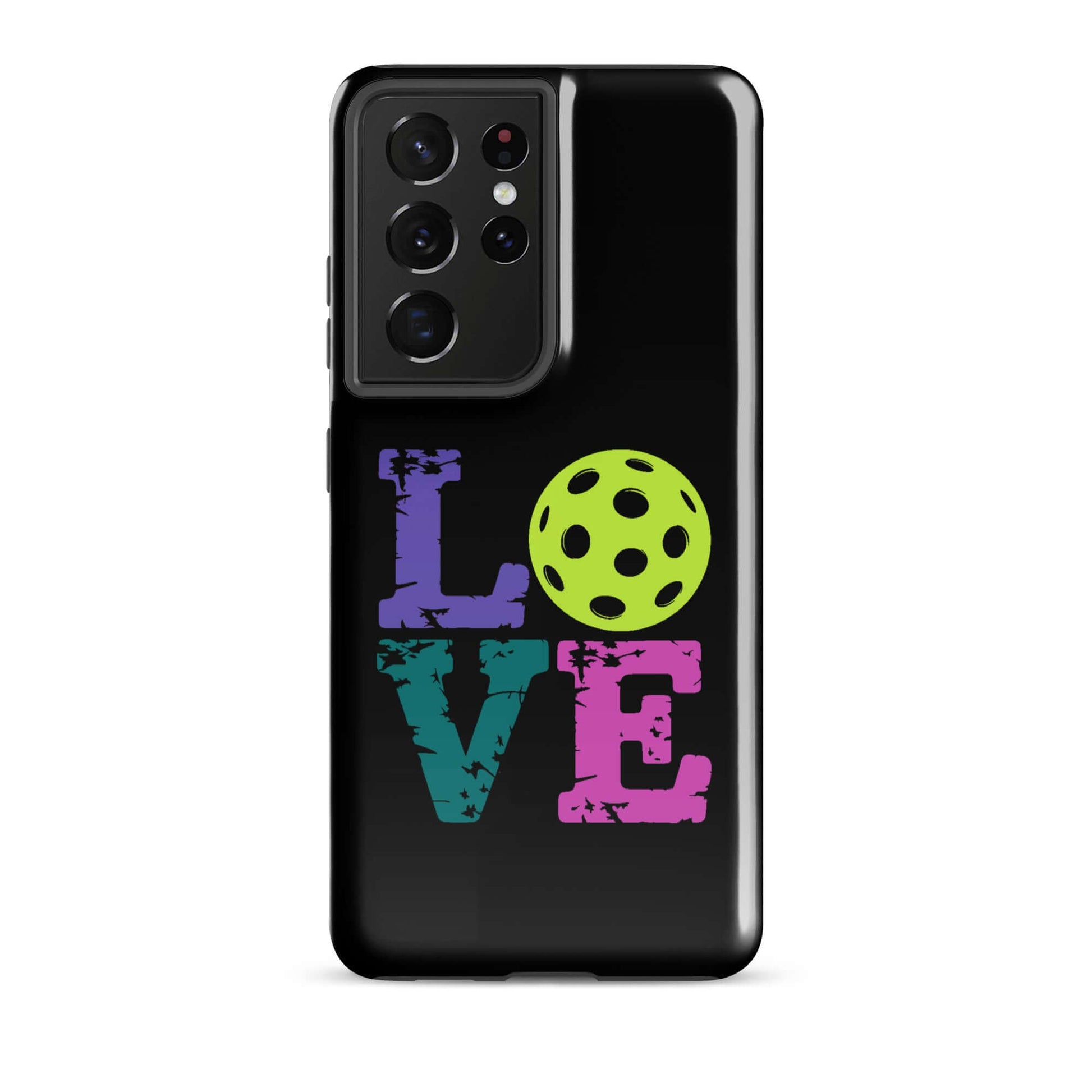 LOVE Pickleball Tough Case for Samsung® featuring colorful text and pickleball design.