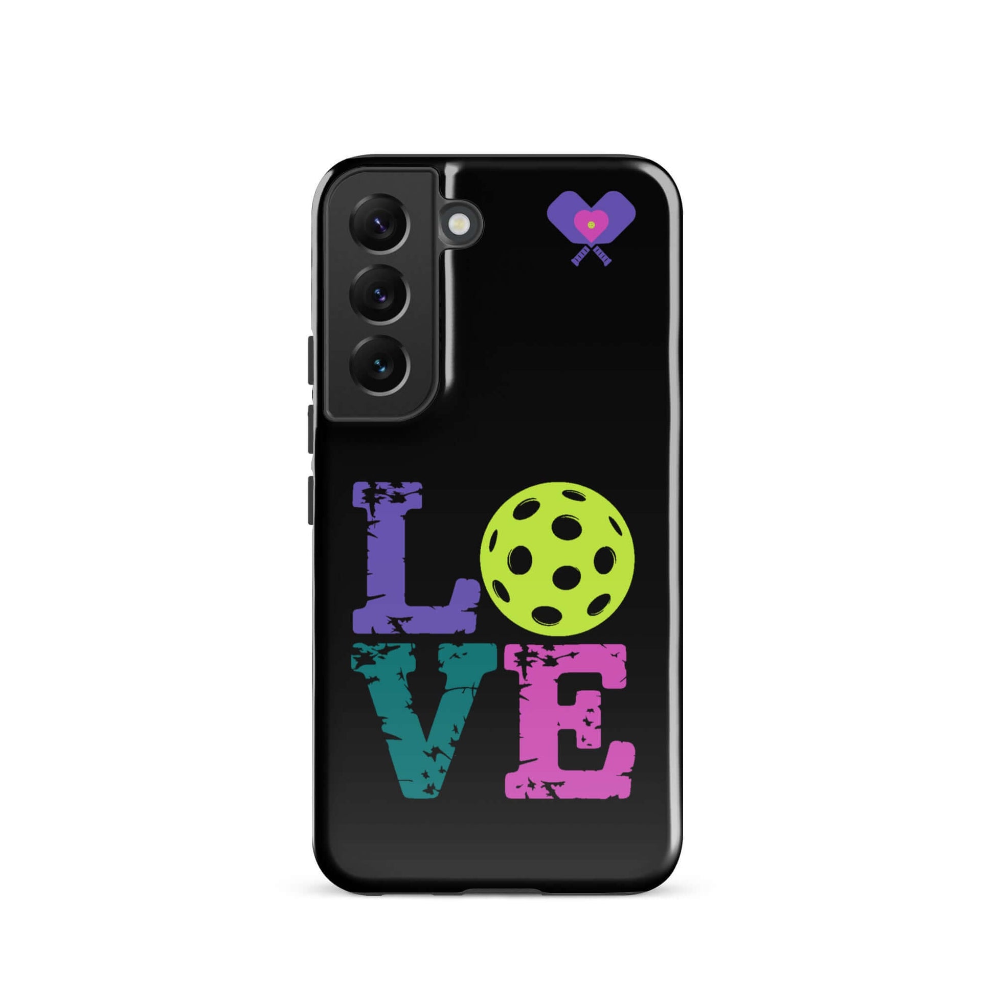 Women’s LOVE Pickleball Tough Case for Samsung® featuring colorful text and pickleball icon on a sleek black background.