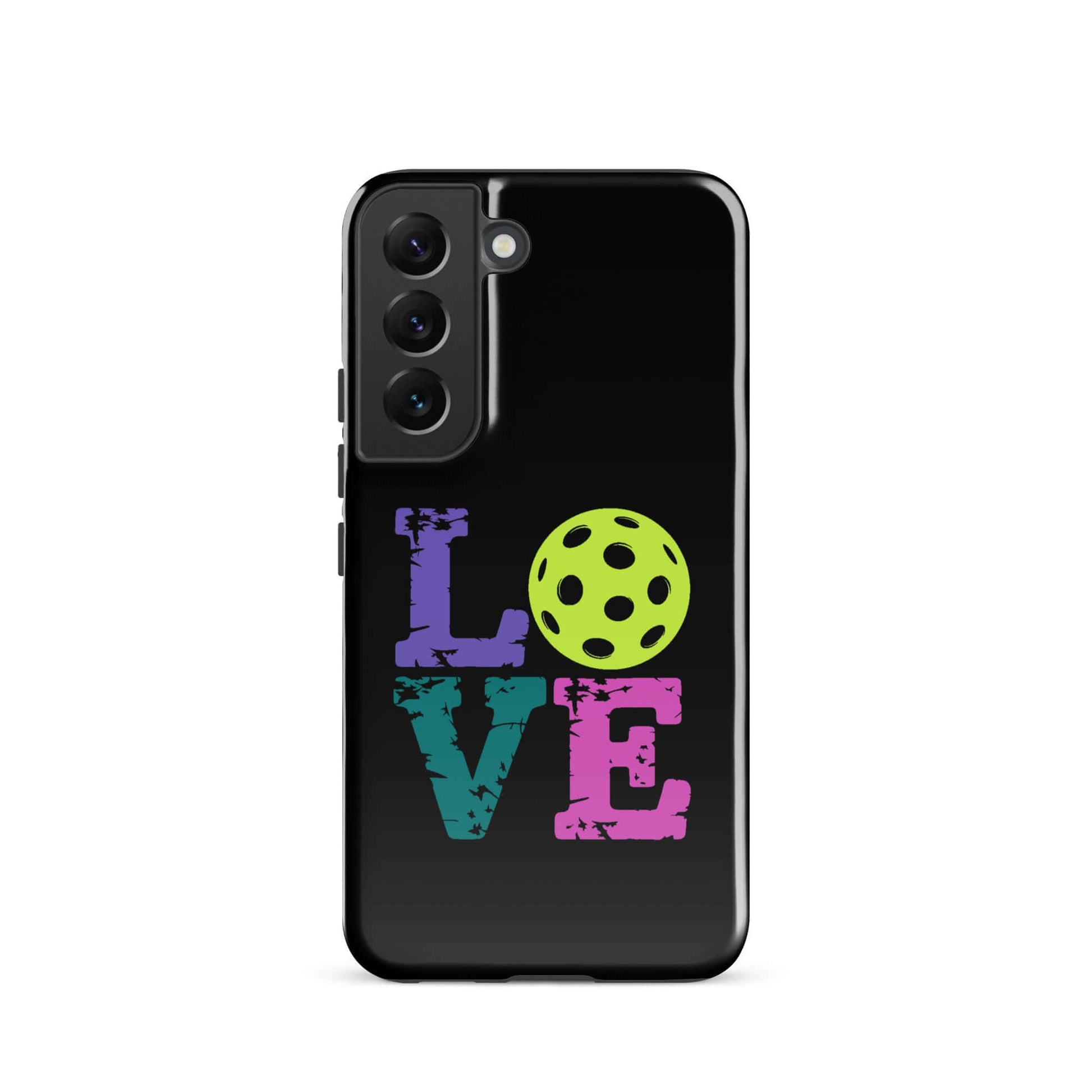 LOVE Pickleball Tough Case for Samsung® featuring colorful text and pickleball design.