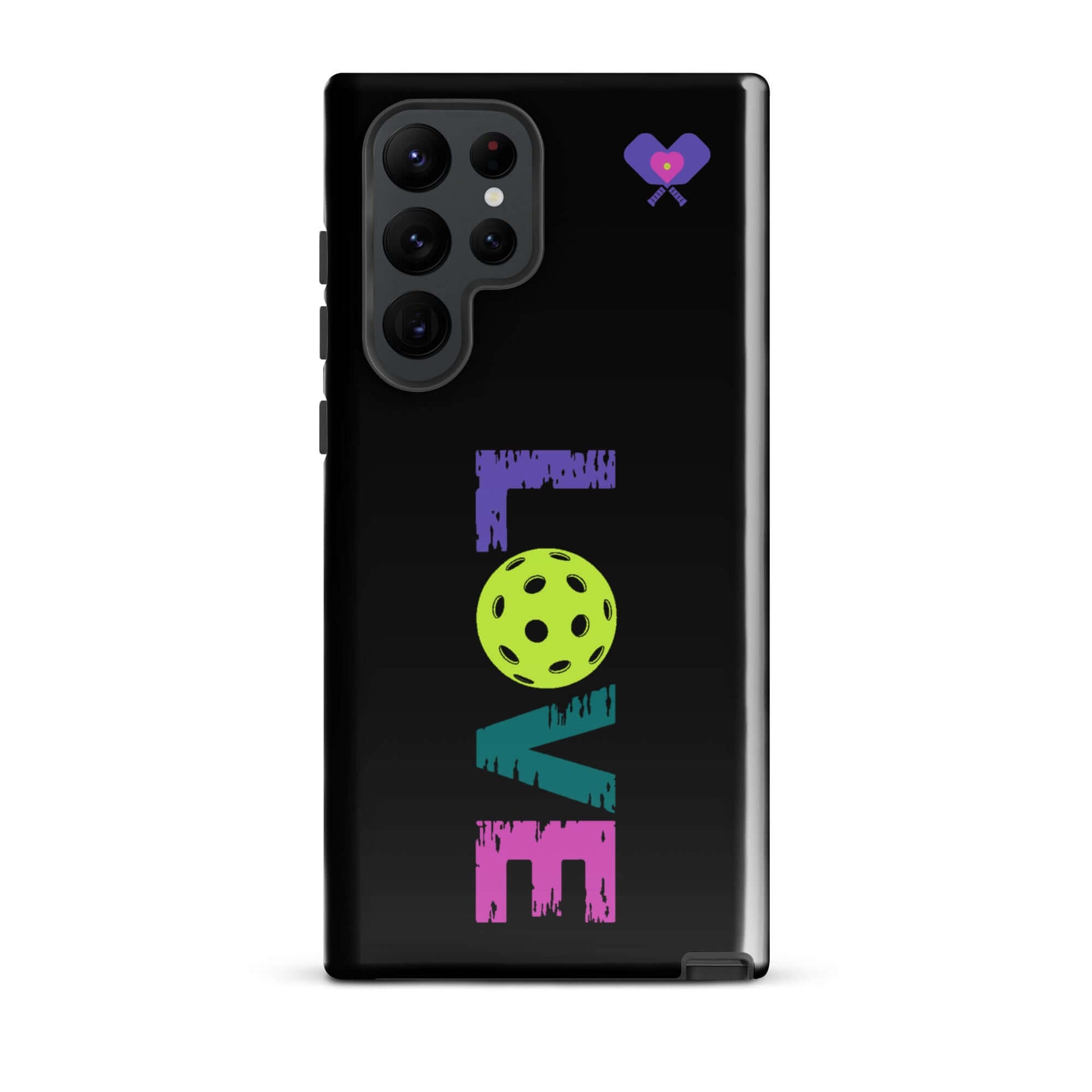 LOVE Pickleball Tough Case for Samsung®, featuring vibrant colors and a pickleball graphic on a sleek black background.