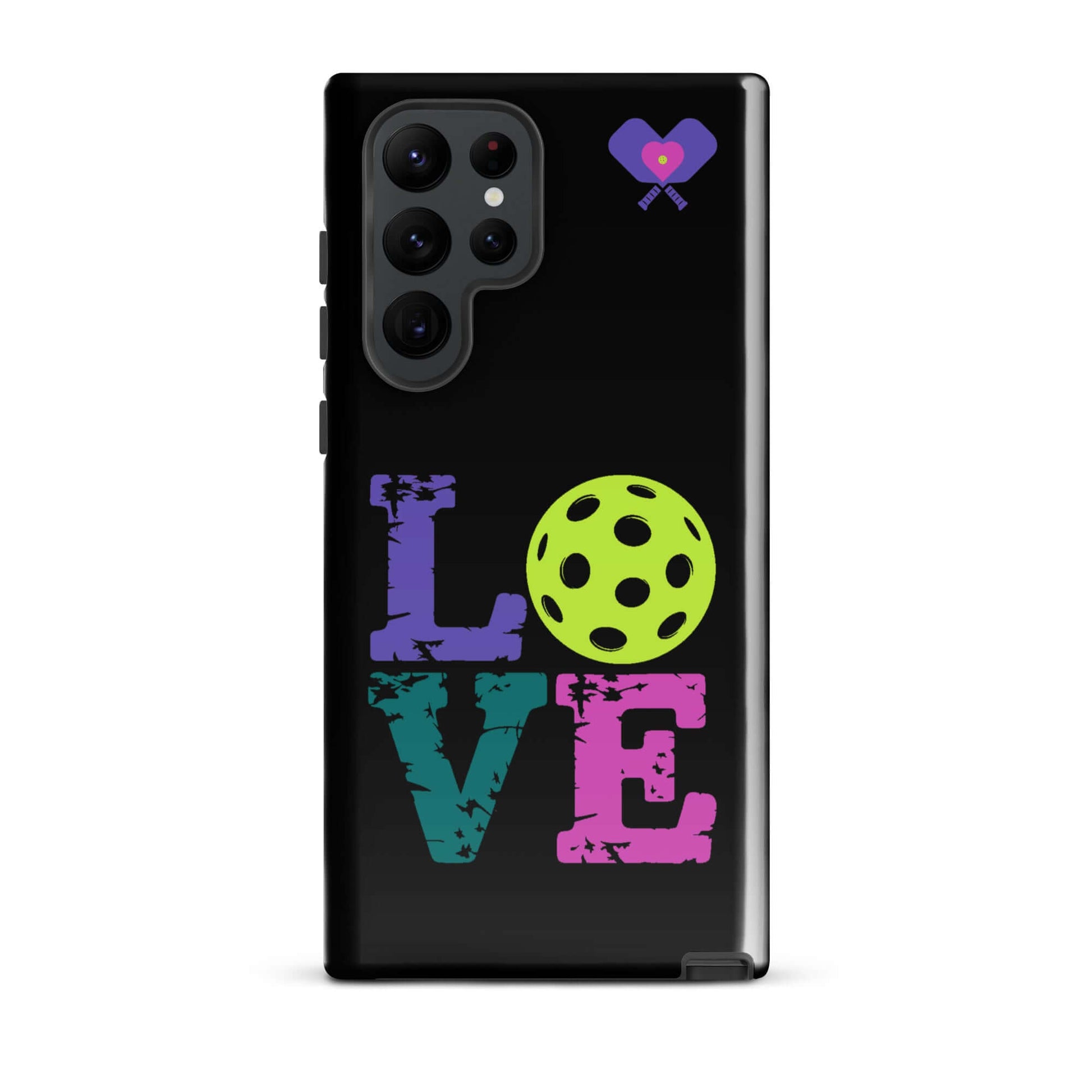 Colorful LOVE design with pickleball graphic on a tough case for Samsung® smartphone.