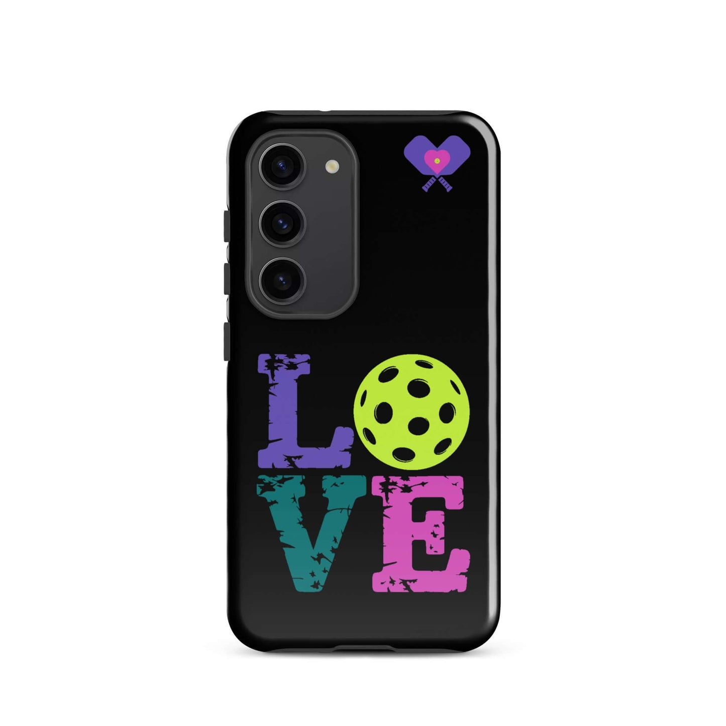 Women’s LOVE Pickleball Tough Case for Samsung® featuring colorful 'LOVE' text and a pickleball graphic.