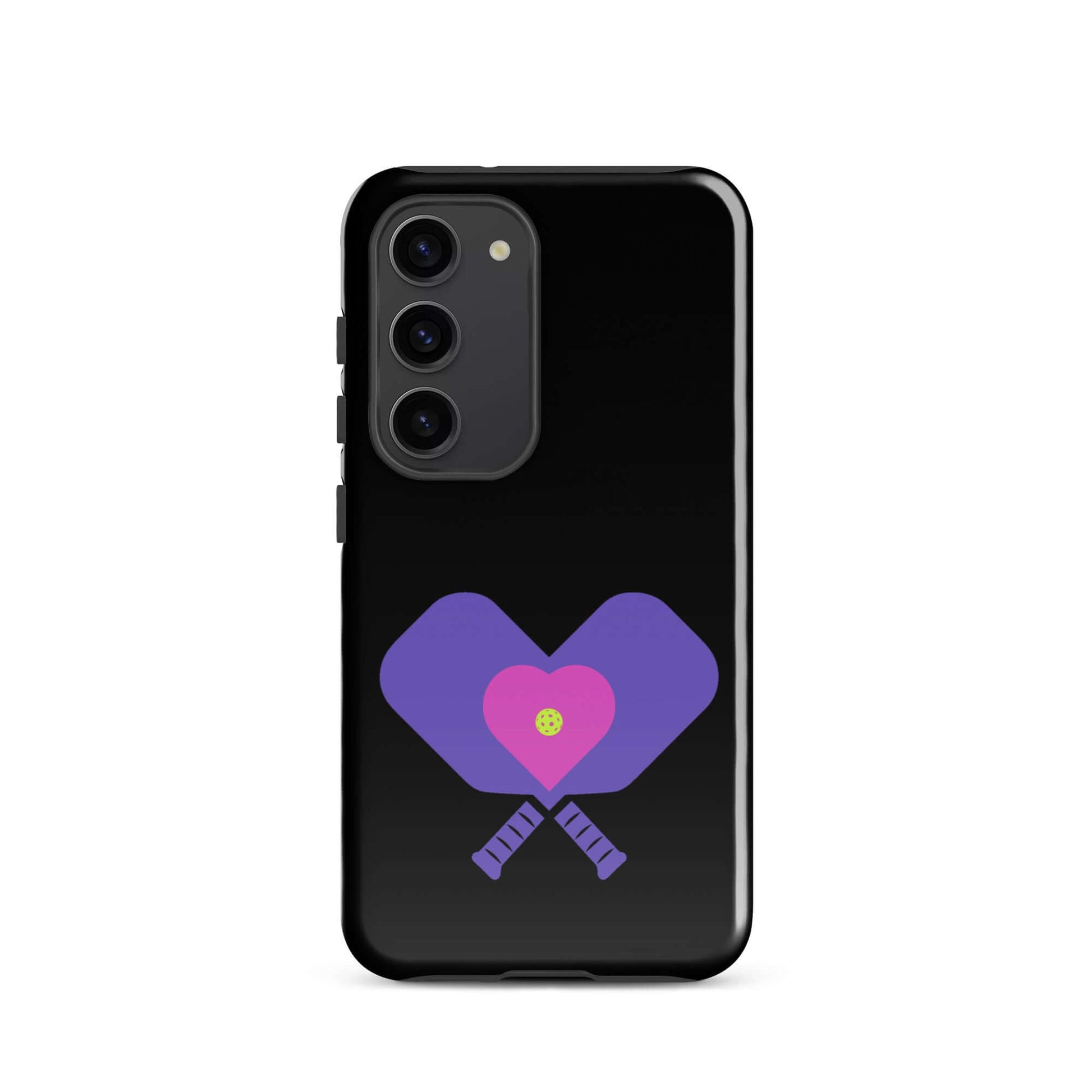 LOVE Pickleball Tough Case for Samsung® featuring heart-shaped paddles design on black background.