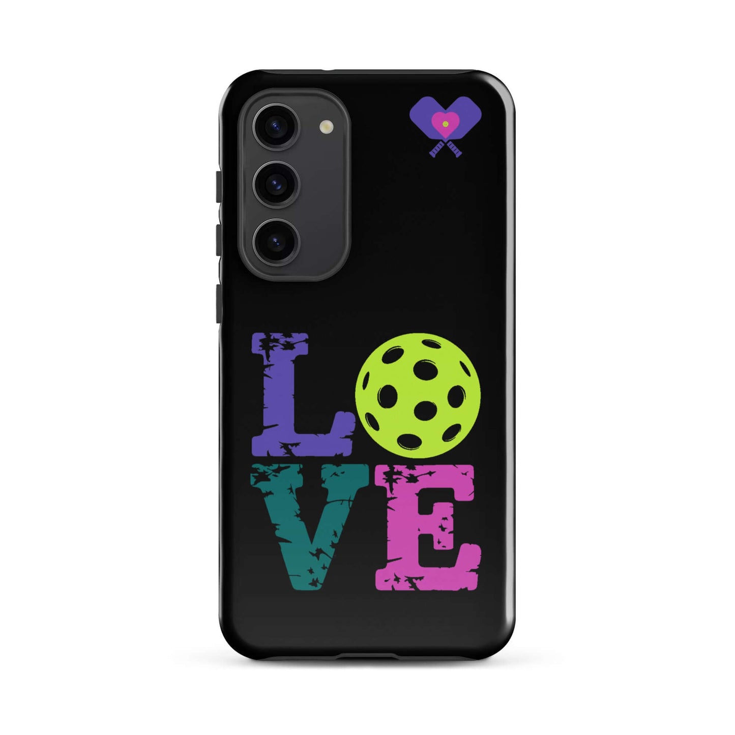 Women’s LOVE Pickleball Tough Case for Samsung® with colorful lettering and a pickleball design.