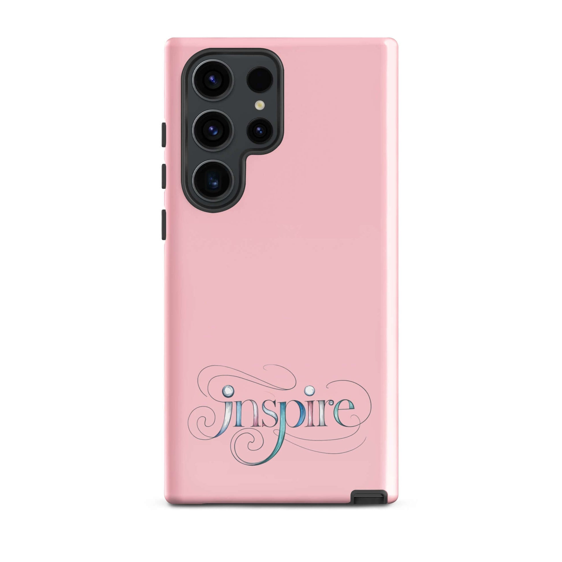 Inspire Sketch Tough Case for Samsung®, featuring artistic word art design on a pink background.