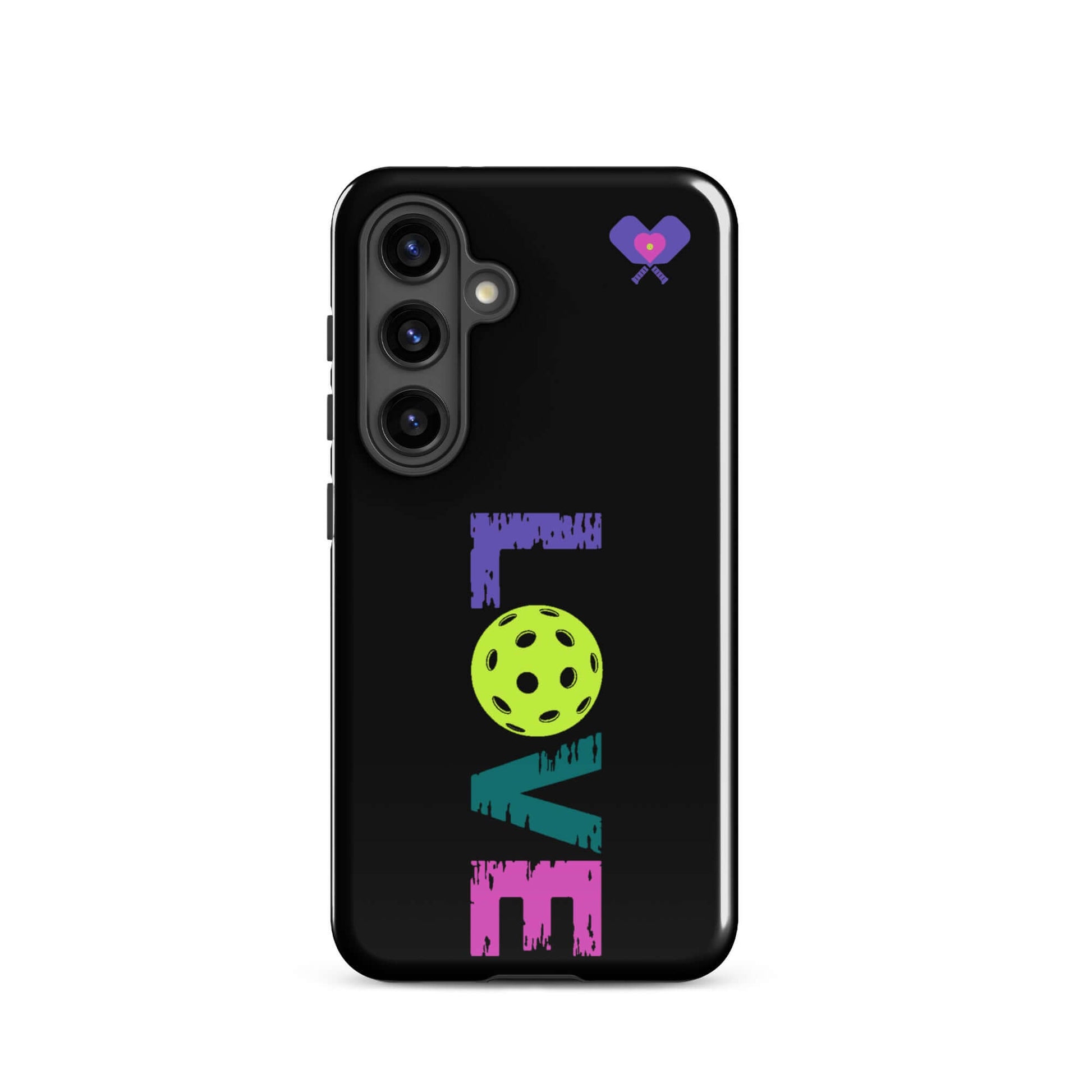 LOVE Pickleball Tough Case for Samsung® featuring bold letters and a paddleball design on a sleek black background.