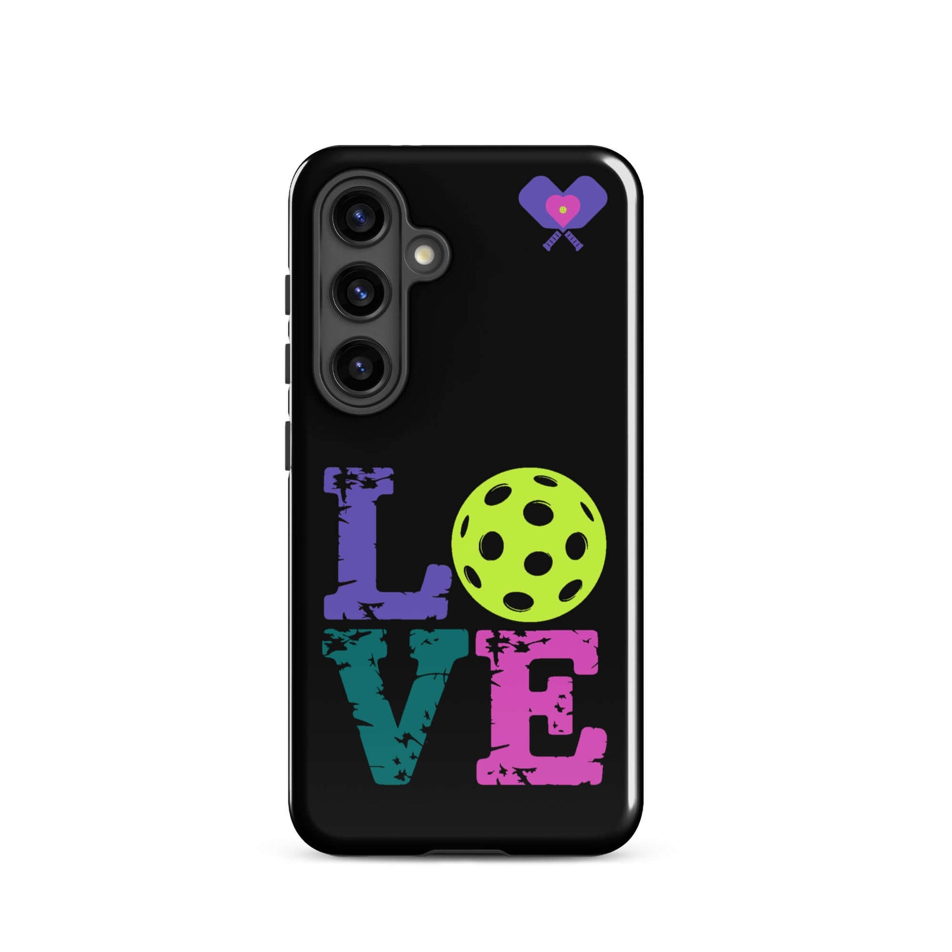 Women’s LOVE Pickleball Tough Case for Samsung® featuring colorful text and pickleball design.