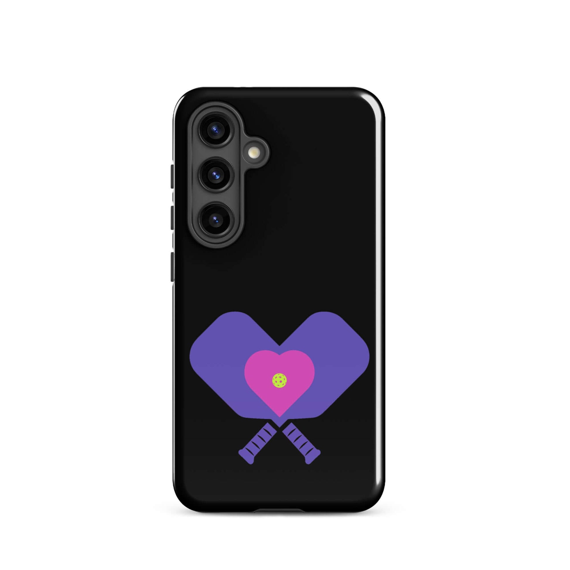 LOVE Pickleball Tough Case for Samsung® featuring pickleball paddles and heart design on a black background.