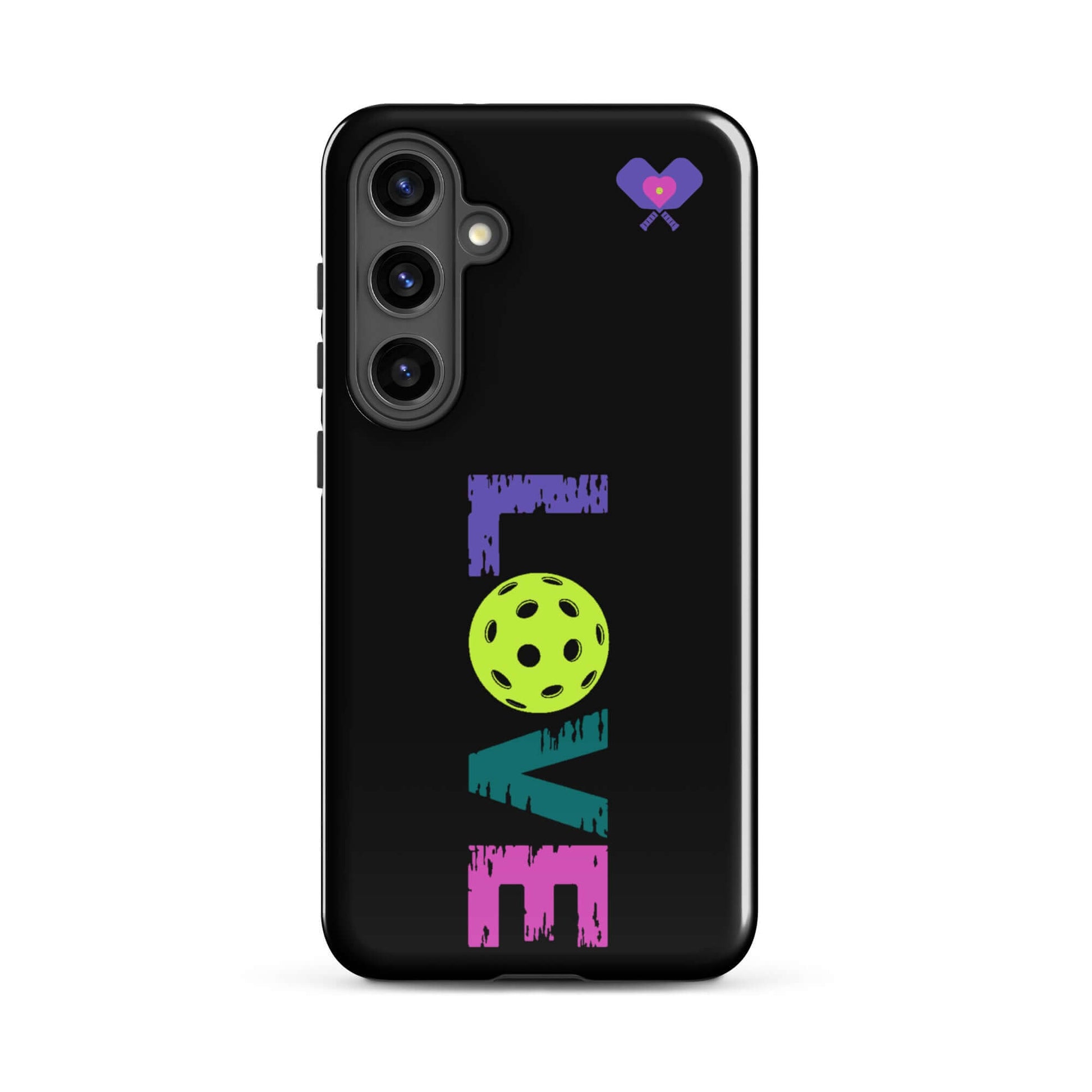 LOVE Pickleball Tough Case for Samsung® featuring colorful text and a pickleball graphic, ideal for pickleball enthusiasts.