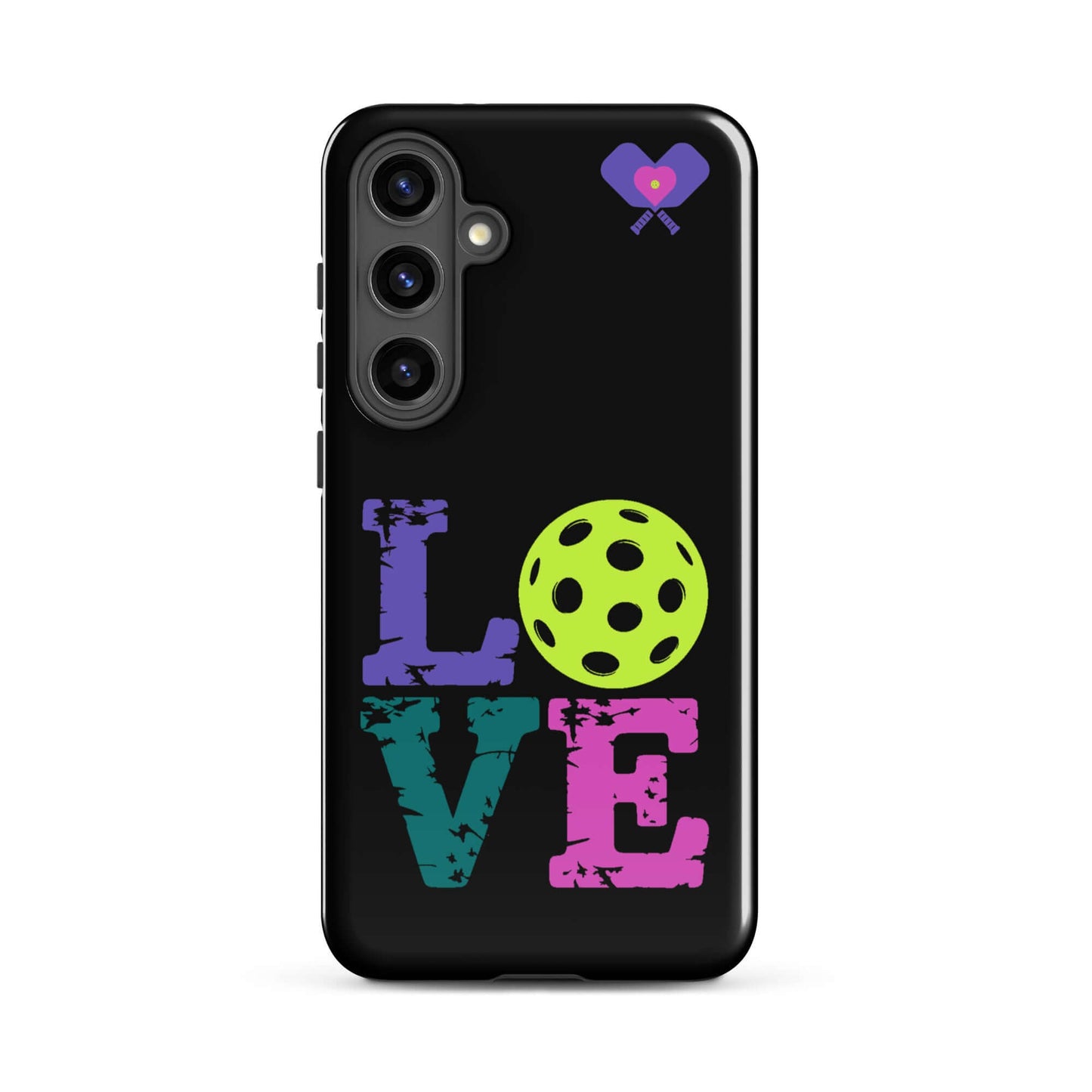 Women’s LOVE Pickleball Tough Case for Samsung® with colorful letters and pickleball design.