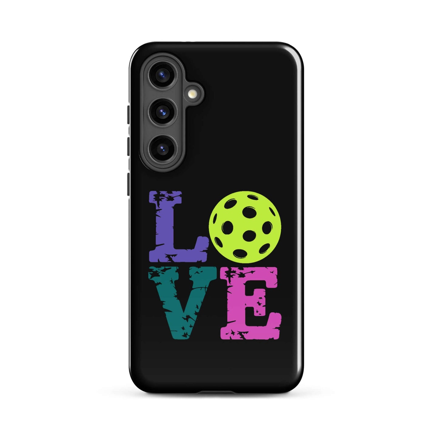 LOVE Pickleball Tough Case for Samsung with colorful letters and pickleball graphic.