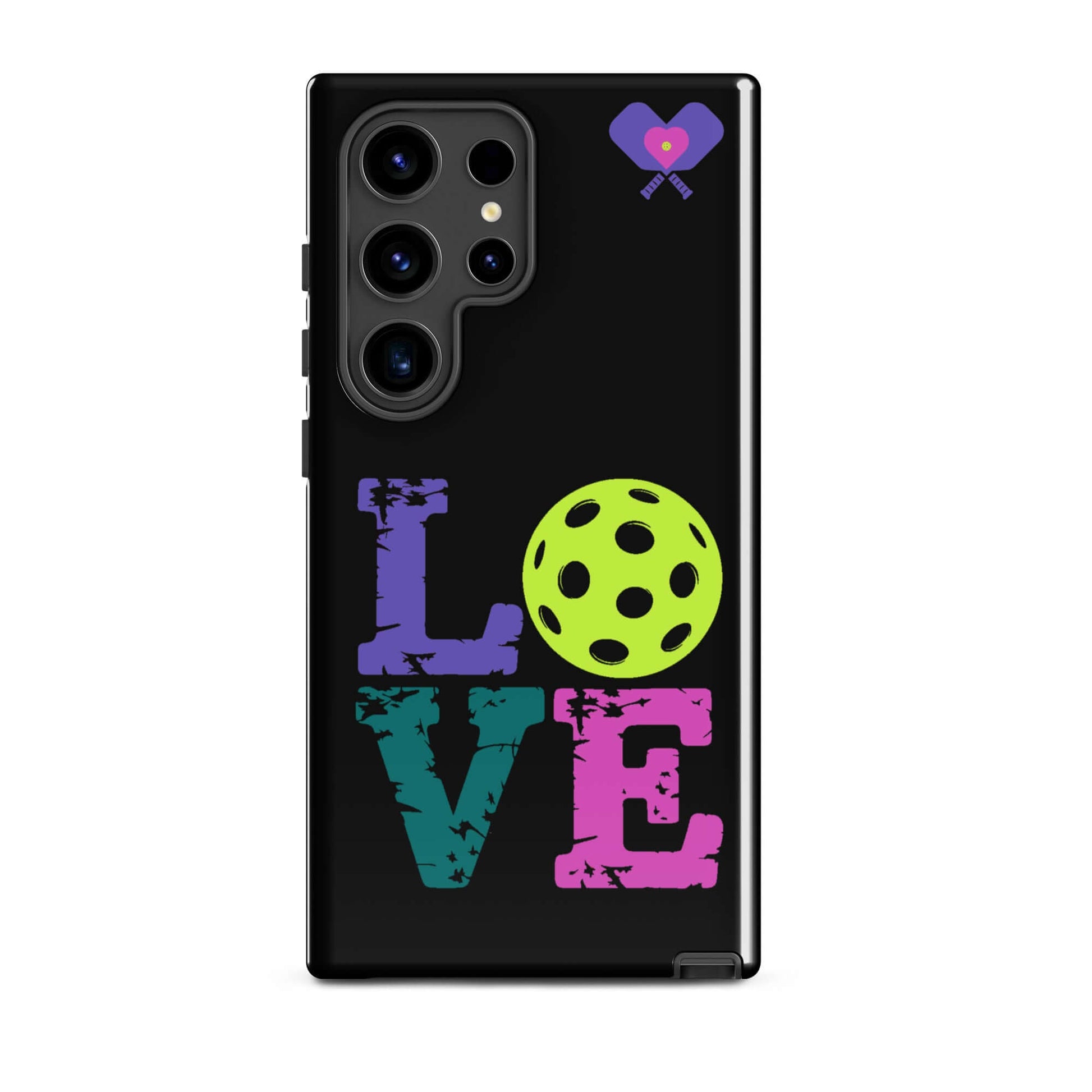 Women’s LOVE Pickleball Tough Case for Samsung® featuring colorful lettering and a pickleball graphic.