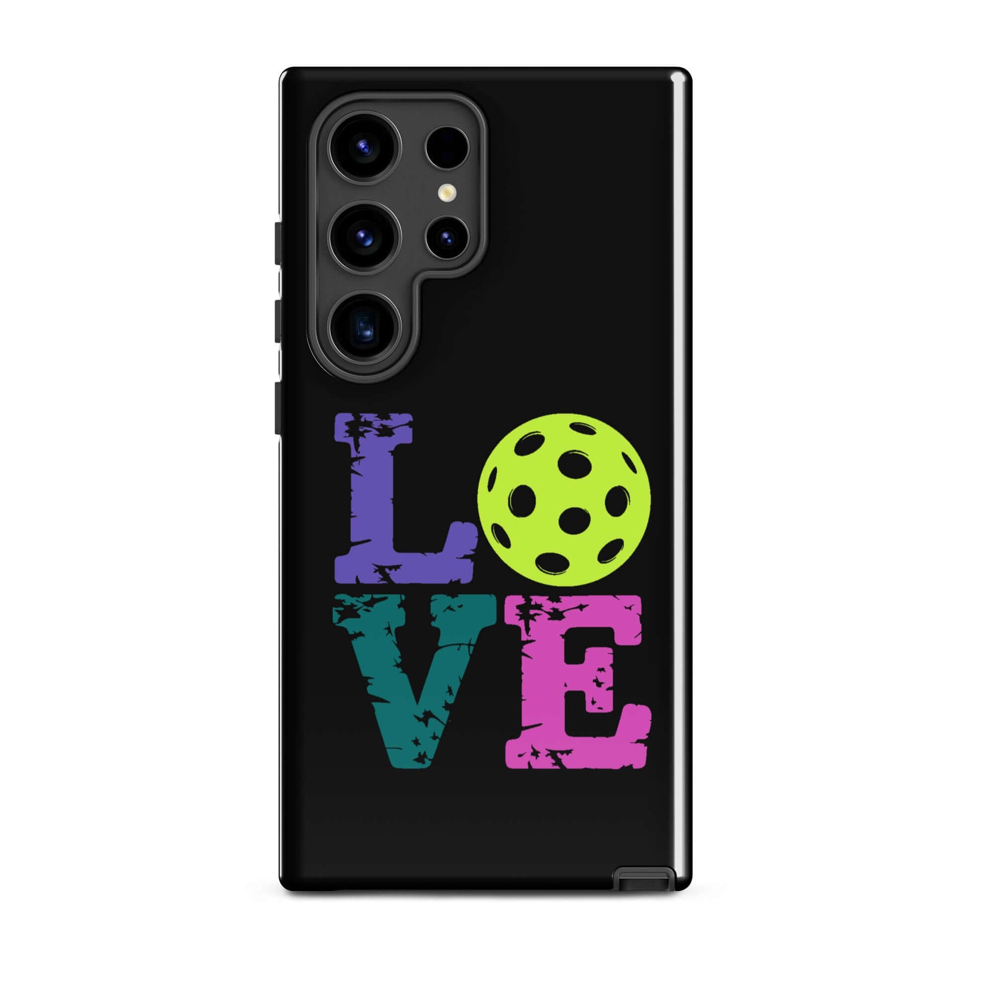 LOVE Pickleball Tough Case for Samsung® featuring vibrant lettering and a pickleball graphic.