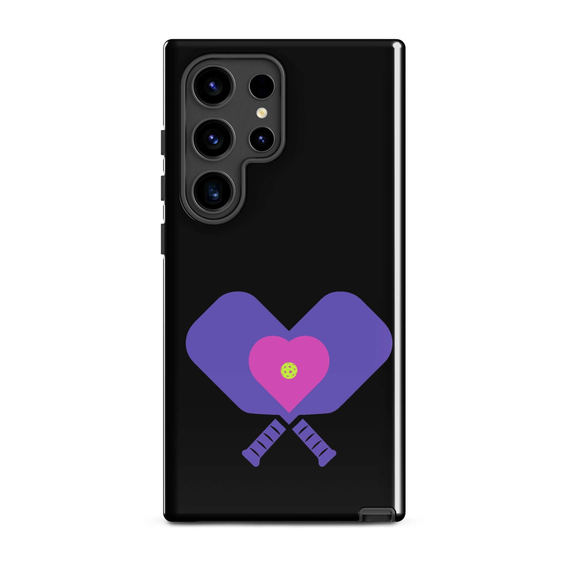 LOVE Pickleball Tough Case for Samsung® featuring purple paddles and a heart design on a black background.