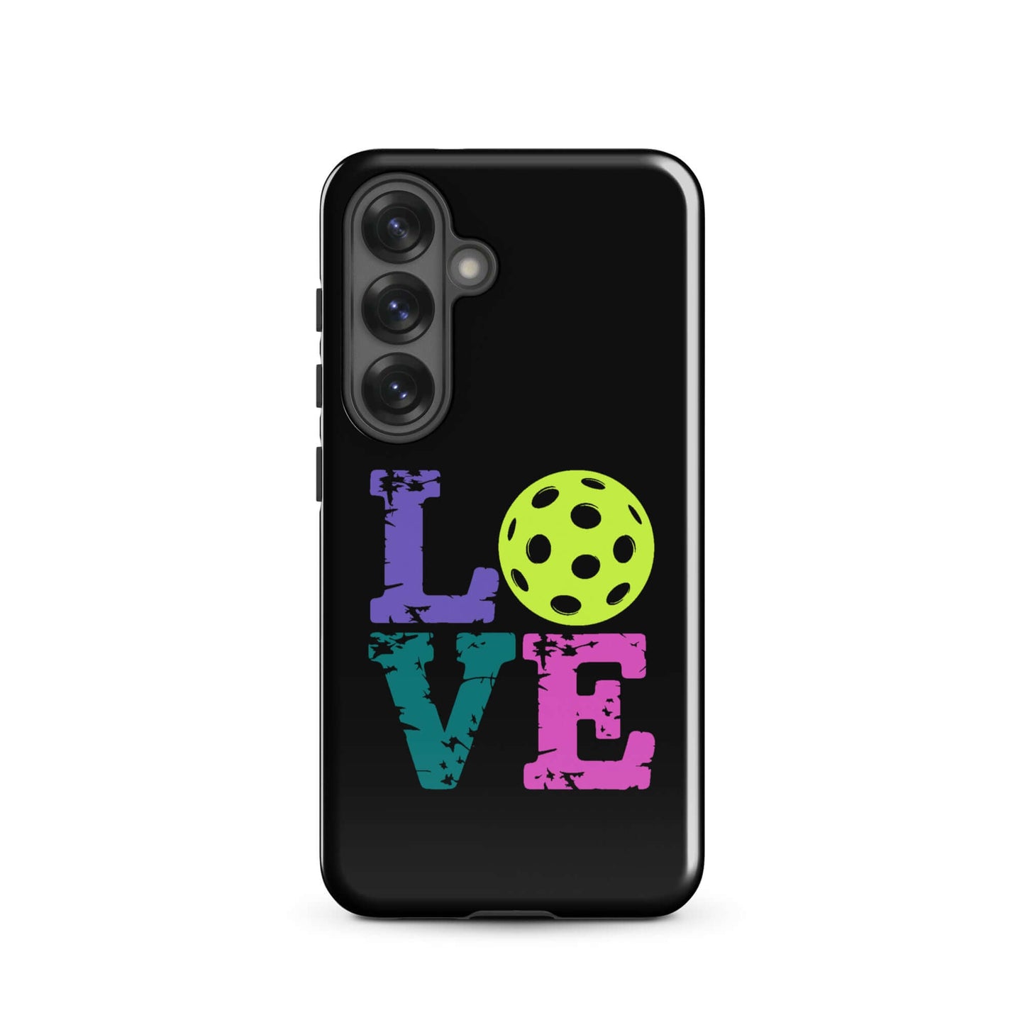 LOVE Pickleball Tough Case for Samsung® featuring colorful text and pickleball design, perfect for enthusiasts.