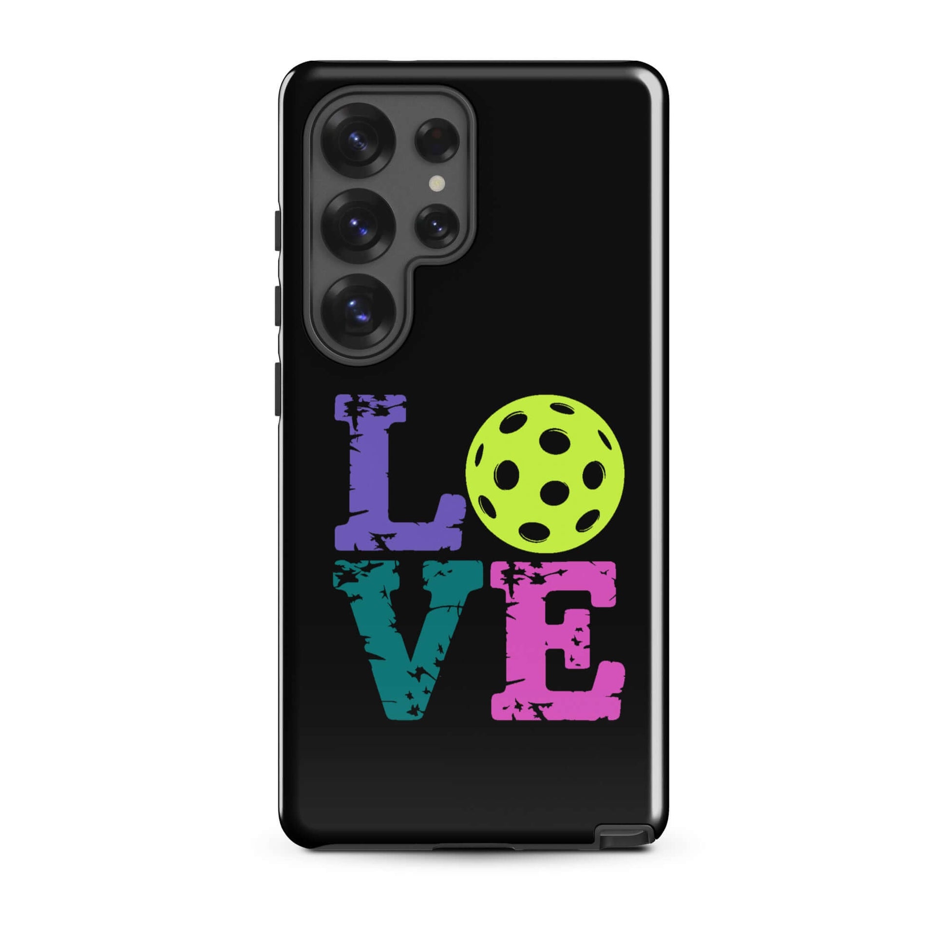 LOVE Pickleball Tough Case for Samsung® featuring colorful letters and a pickleball design.