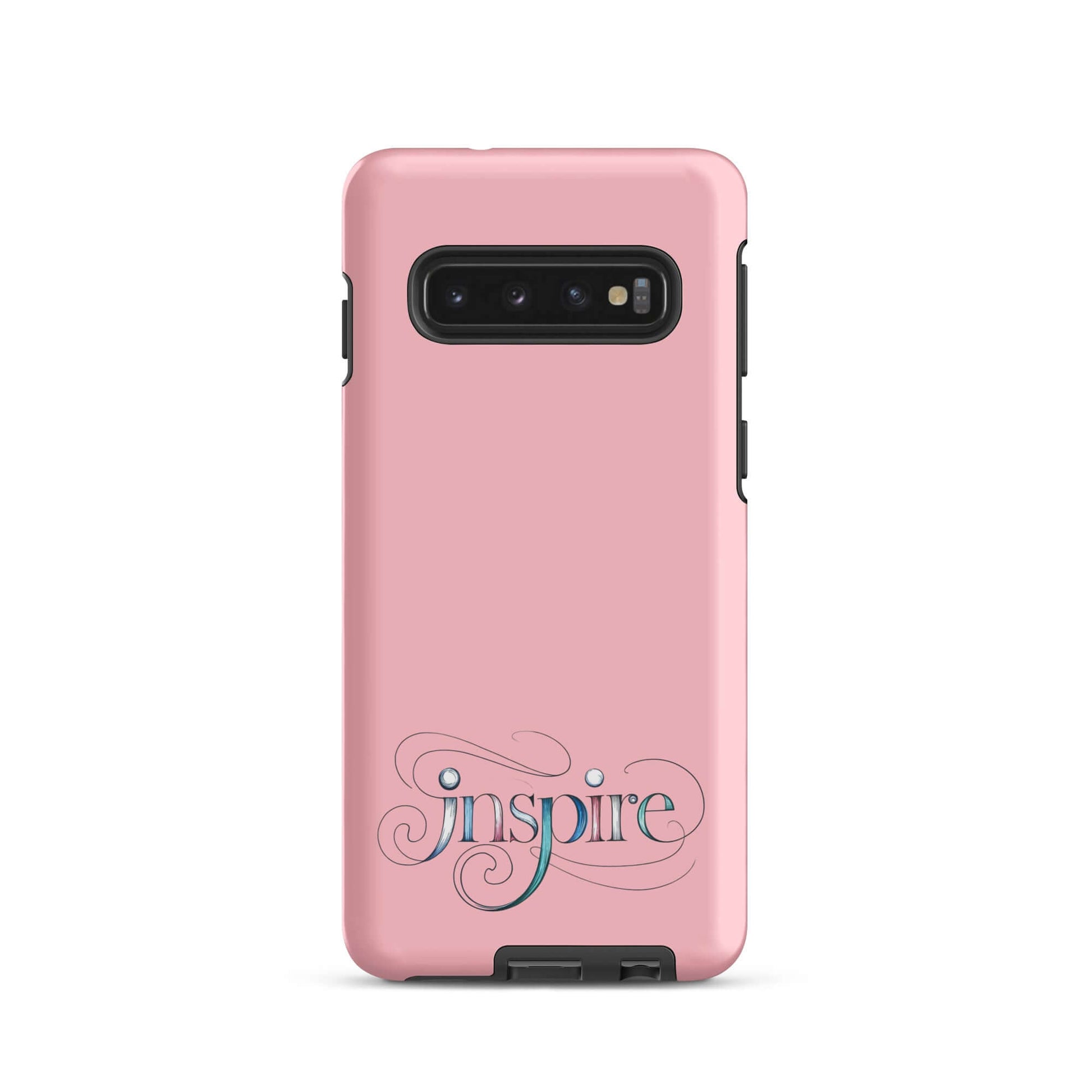 Inspire Sketch Tough Case for Samsung, featuring artistic word art design with the word 'Inspire' on a pink background.