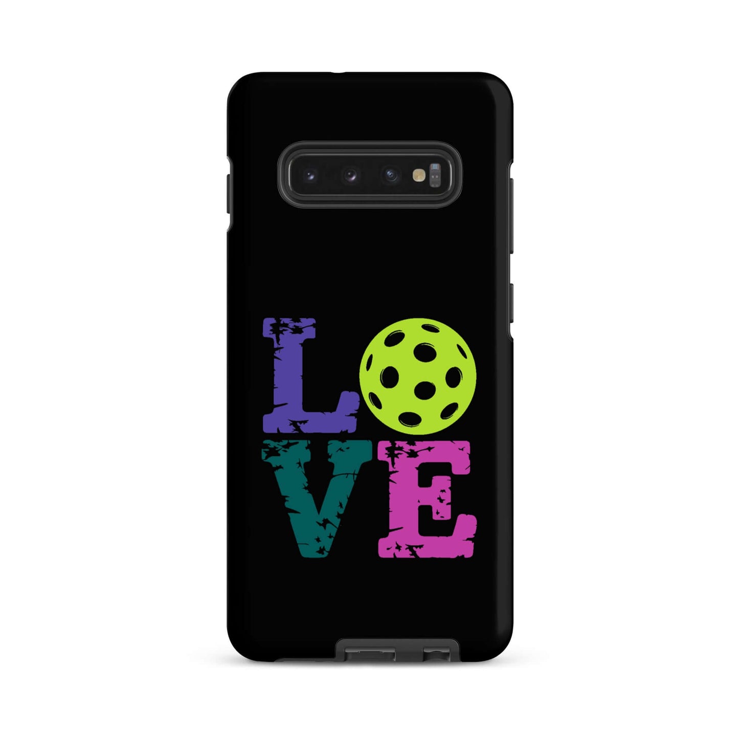 LOVE Pickleball Tough Case for Samsung® with colorful text and a green pickleball illustration.