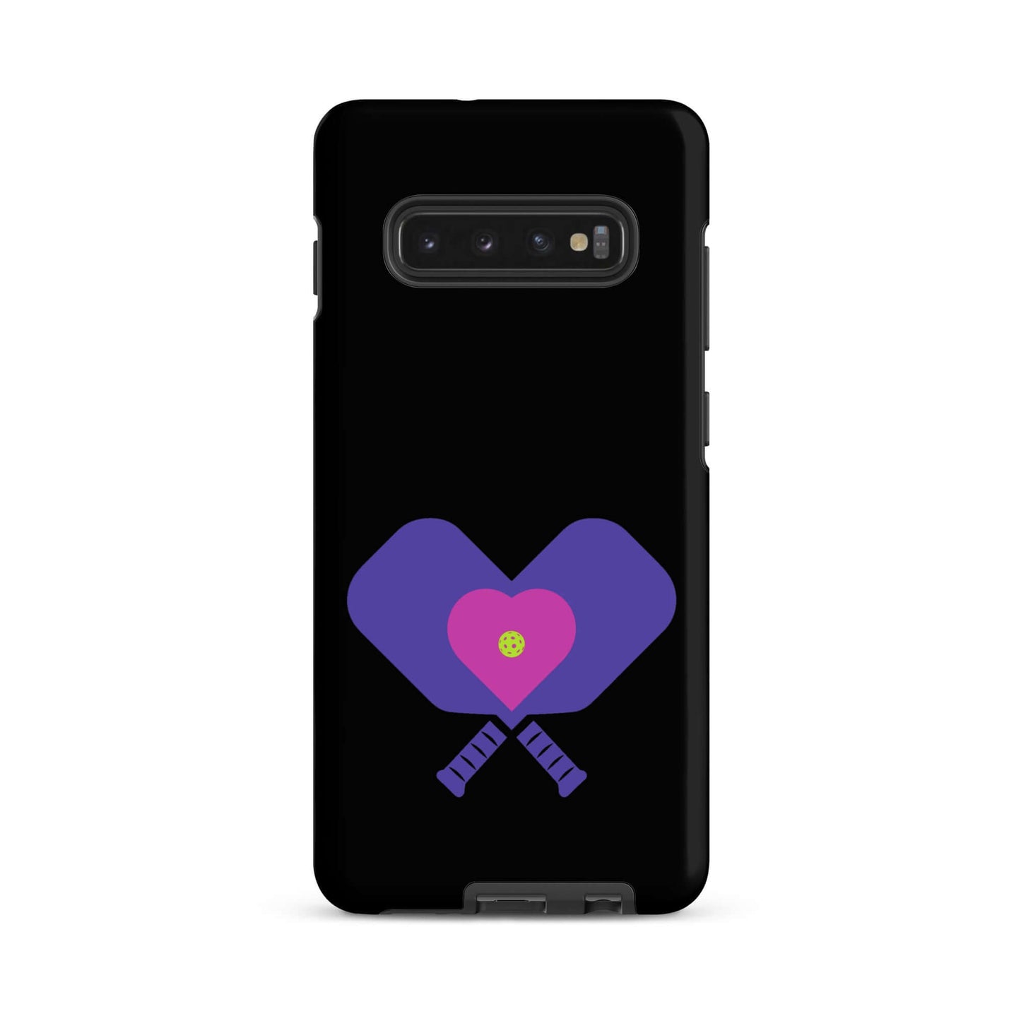 LOVE Pickleball Tough Case for Samsung® featuring heart design and pickleball paddles on a black background.