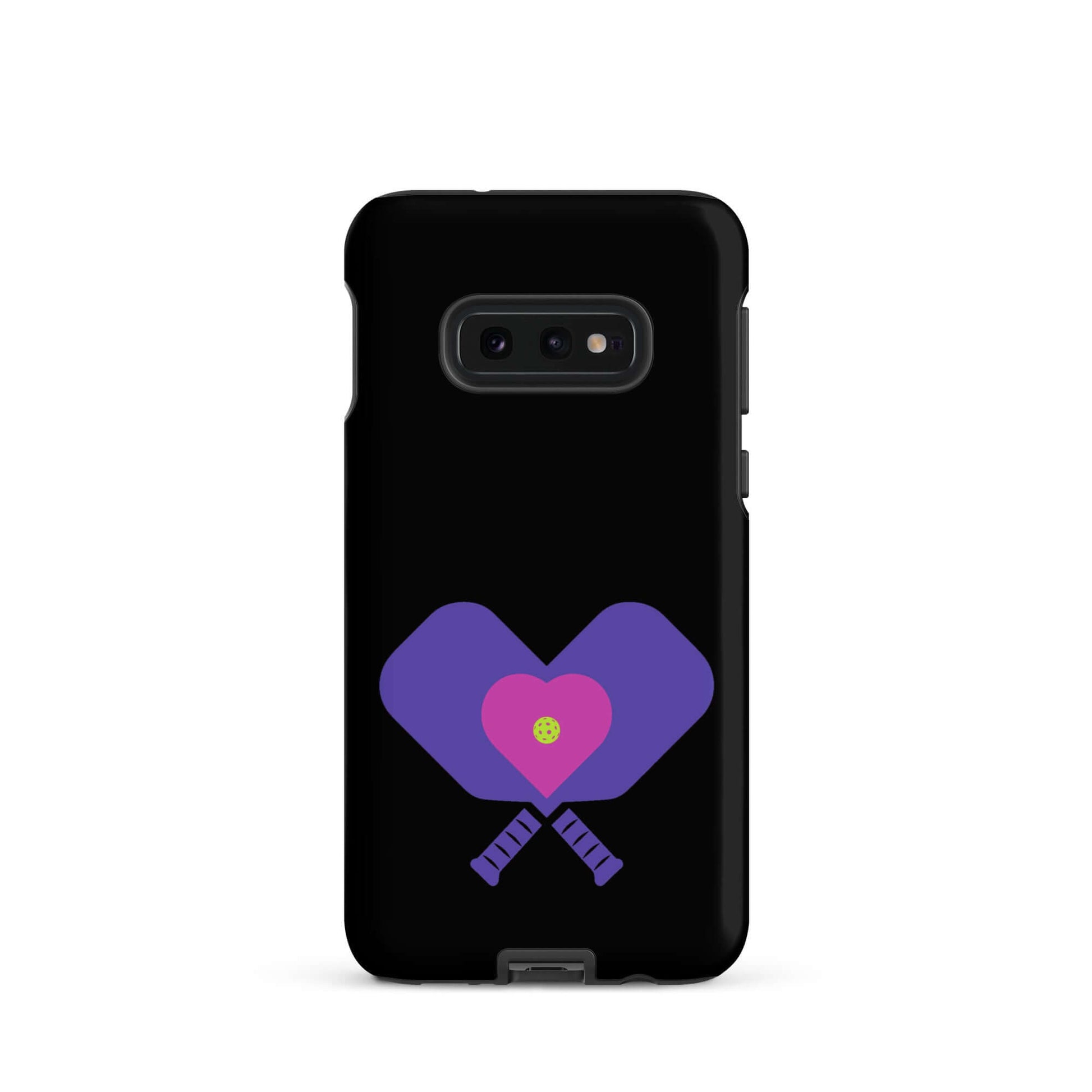 LOVE Pickleball Tough Case for Samsung® with heart and paddles design on a black background.