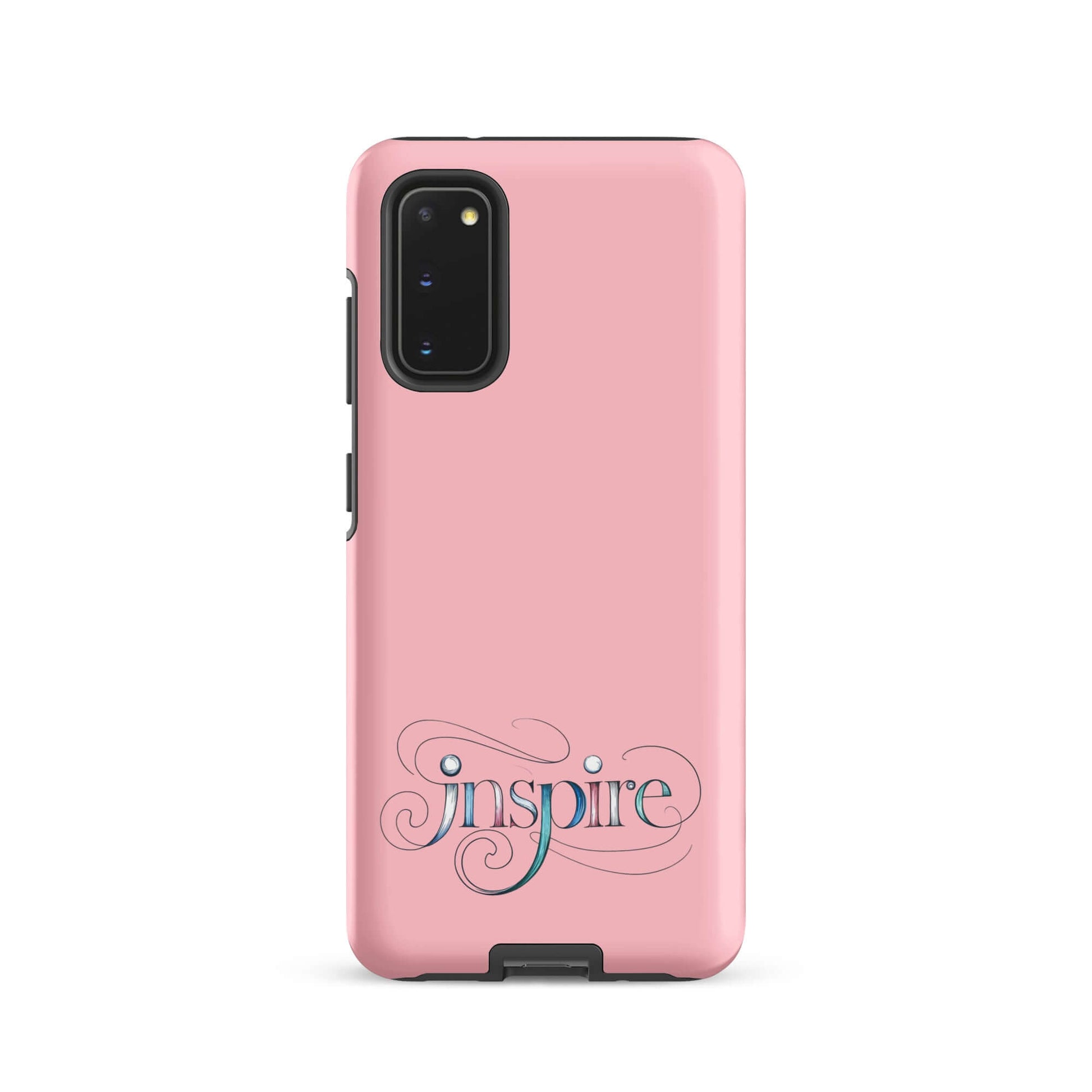 Inspire Sketch Tough Case for Samsung® featuring elegant word art on a pink background.