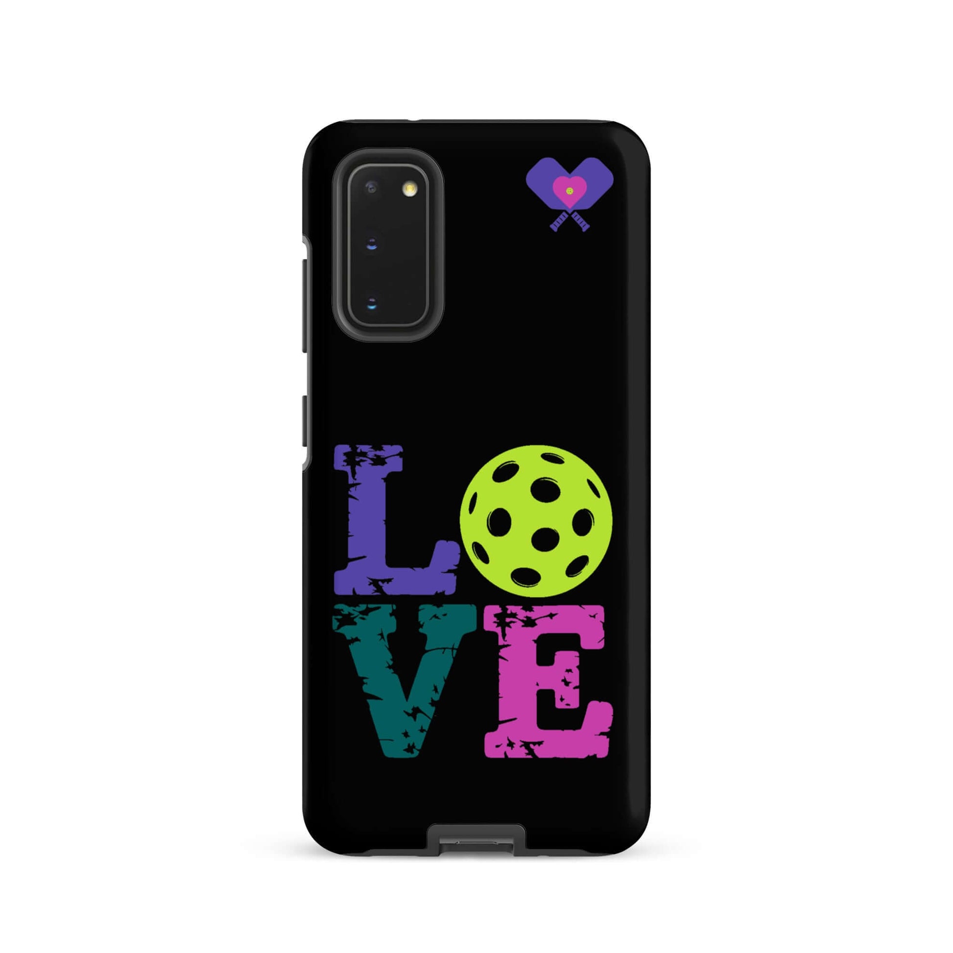 Women’s LOVE Pickleball Tough Case for Samsung® in black with colorful LOVE design and pickleball graphic.