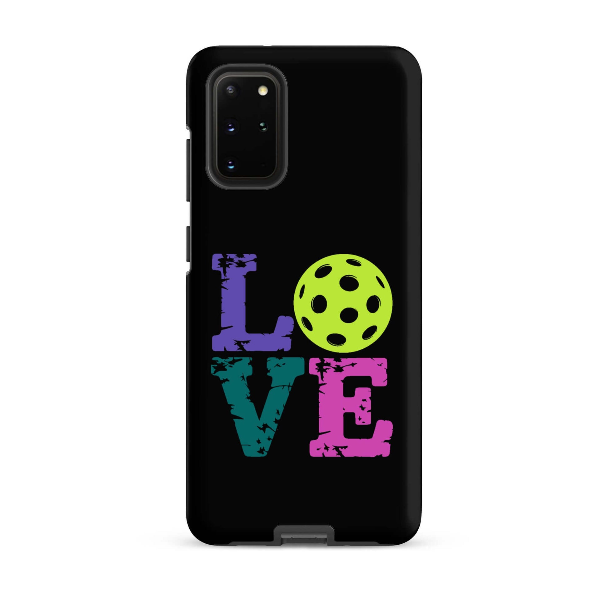 LOVE Pickleball Tough Case for Samsung®, featuring vibrant colors and a playful pickleball graphic on a sleek black background.