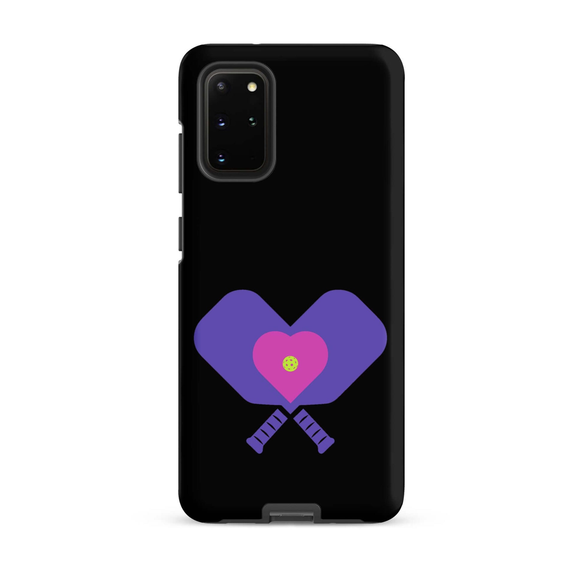 LOVE Pickleball Tough Case for Samsung® featuring pickleball paddles and a heart design in vibrant colors.