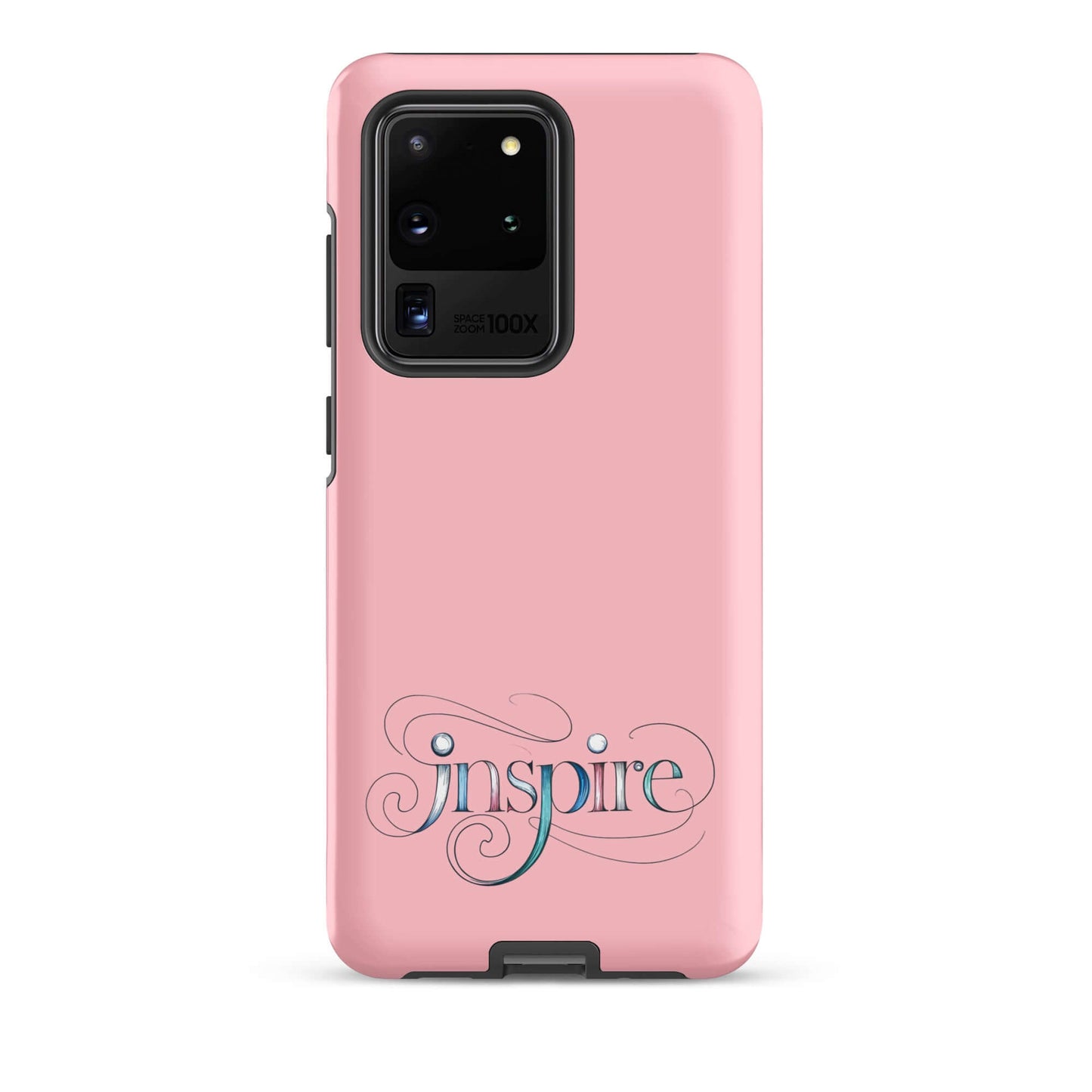 Inspire Sketch Tough Case for Samsung with artistic word art design on a pink background.