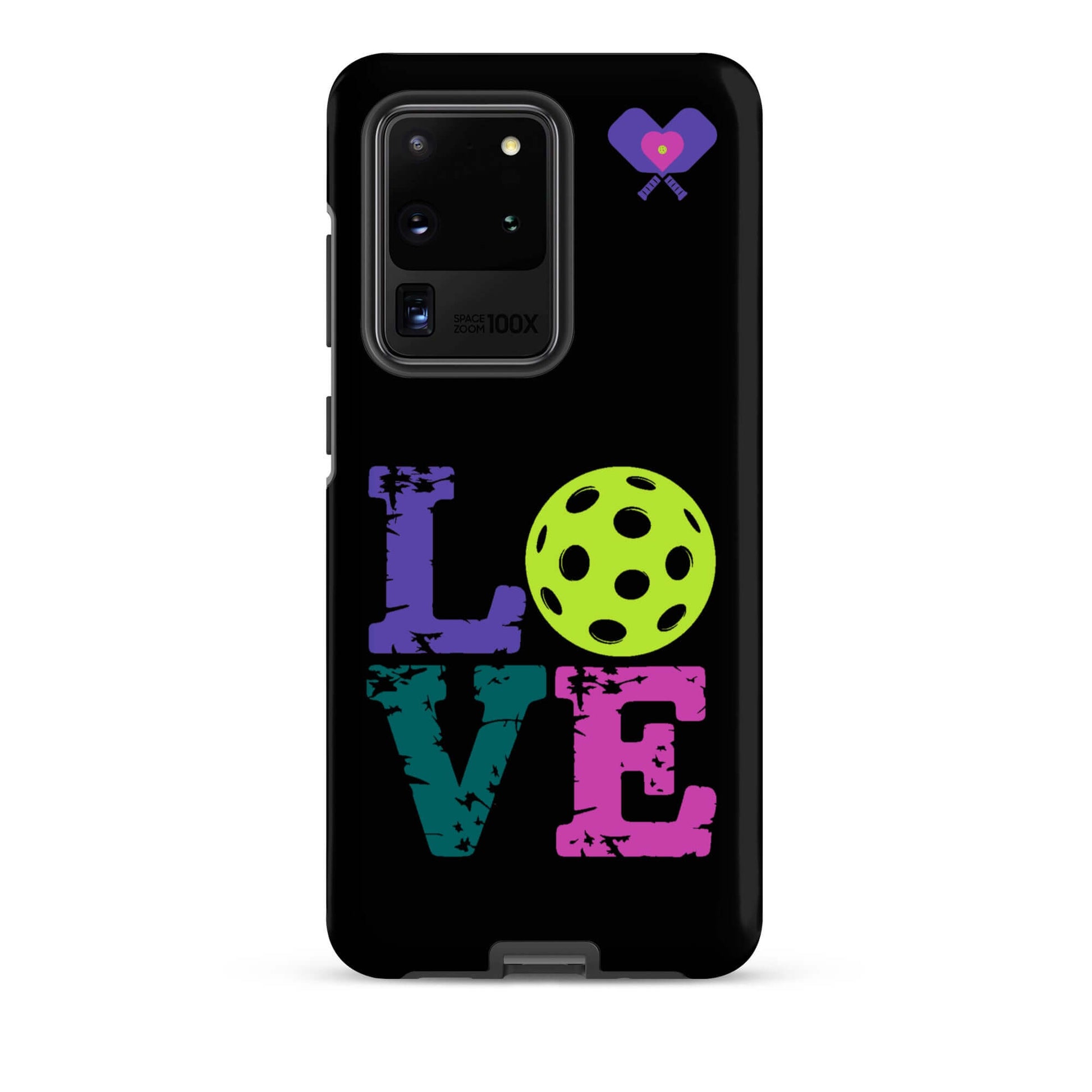 Women’s LOVE Pickleball Tough Case for Samsung® featuring colorful text and a pickleball design.