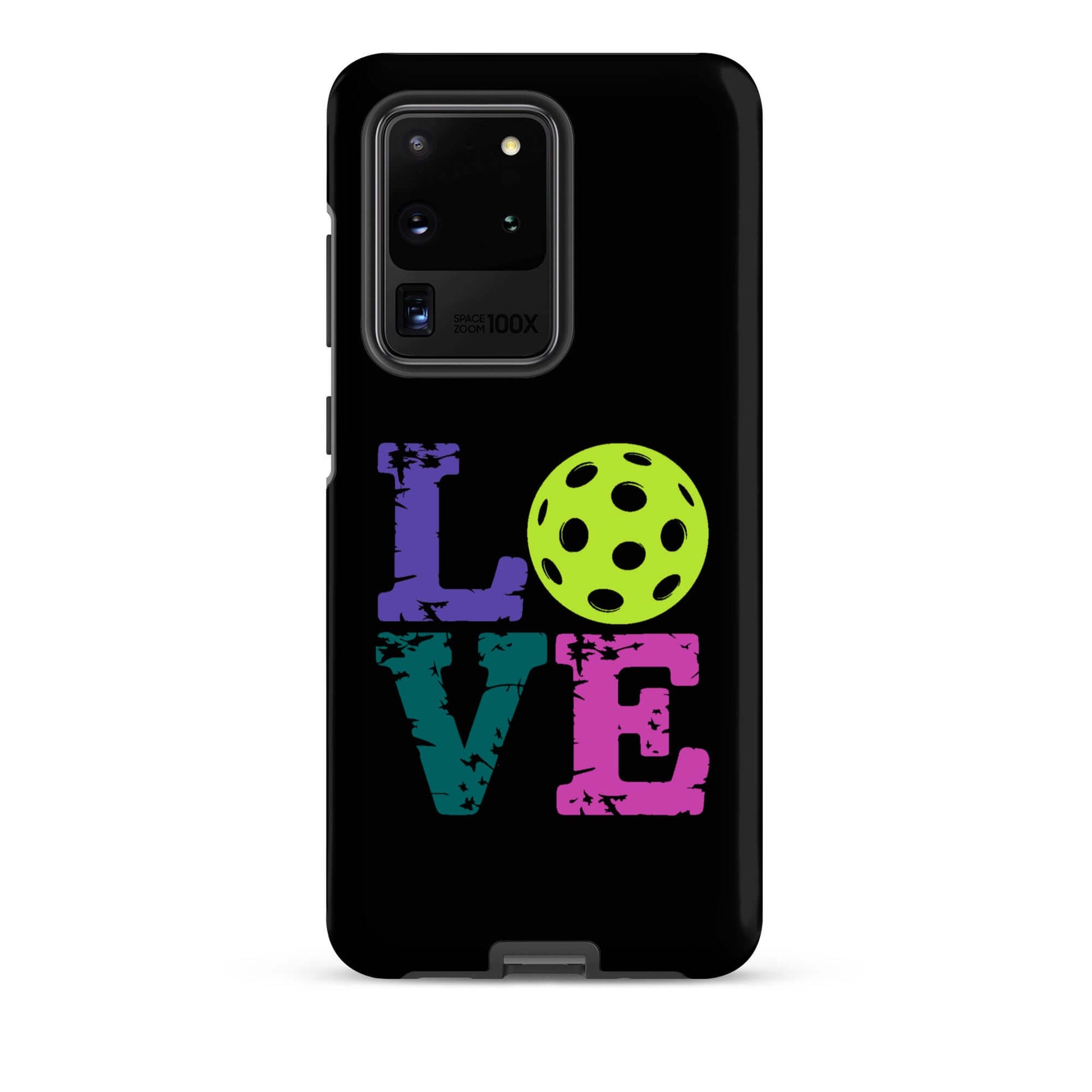 LOVE Pickleball Tough Case for Samsung® featuring colorful text and a pickleball graphic.