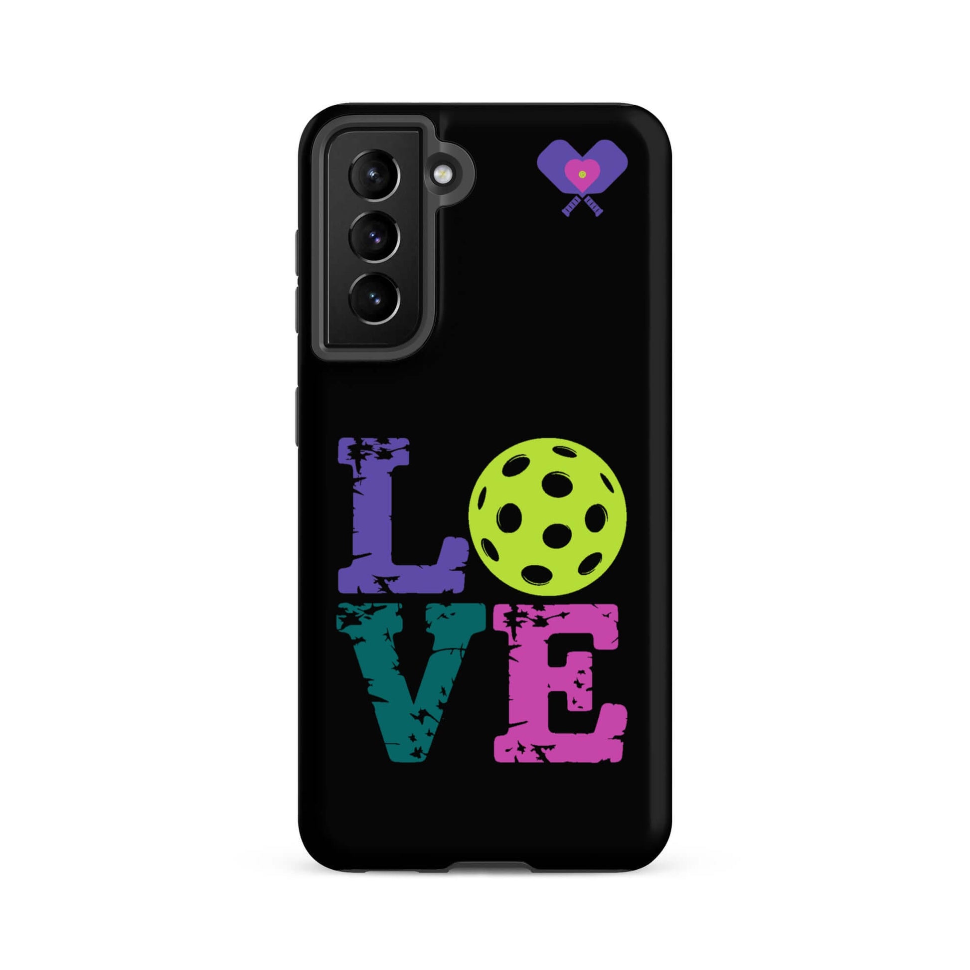 Women’s LOVE Pickleball Tough Case for Samsung® featuring colorful text and a vibrant pickleball design.