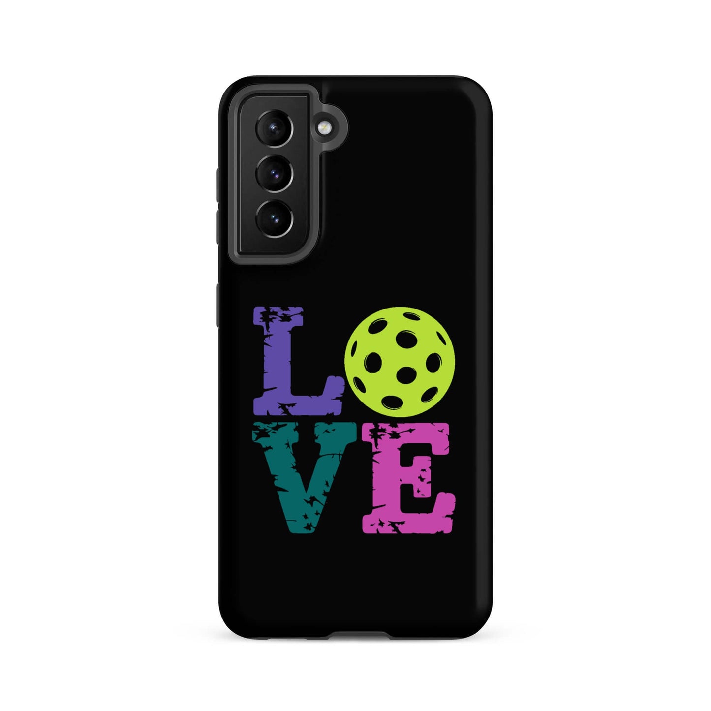 LOVE pickleball tough case for Samsung with colorful lettering and a pickleball graphic.