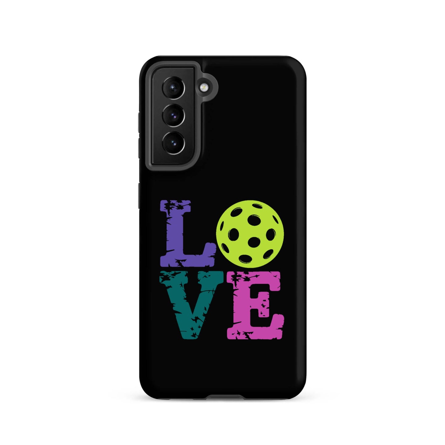 LOVE Pickleball Tough Case for Samsung featuring colorful text and a pickleball graphic on a black background.