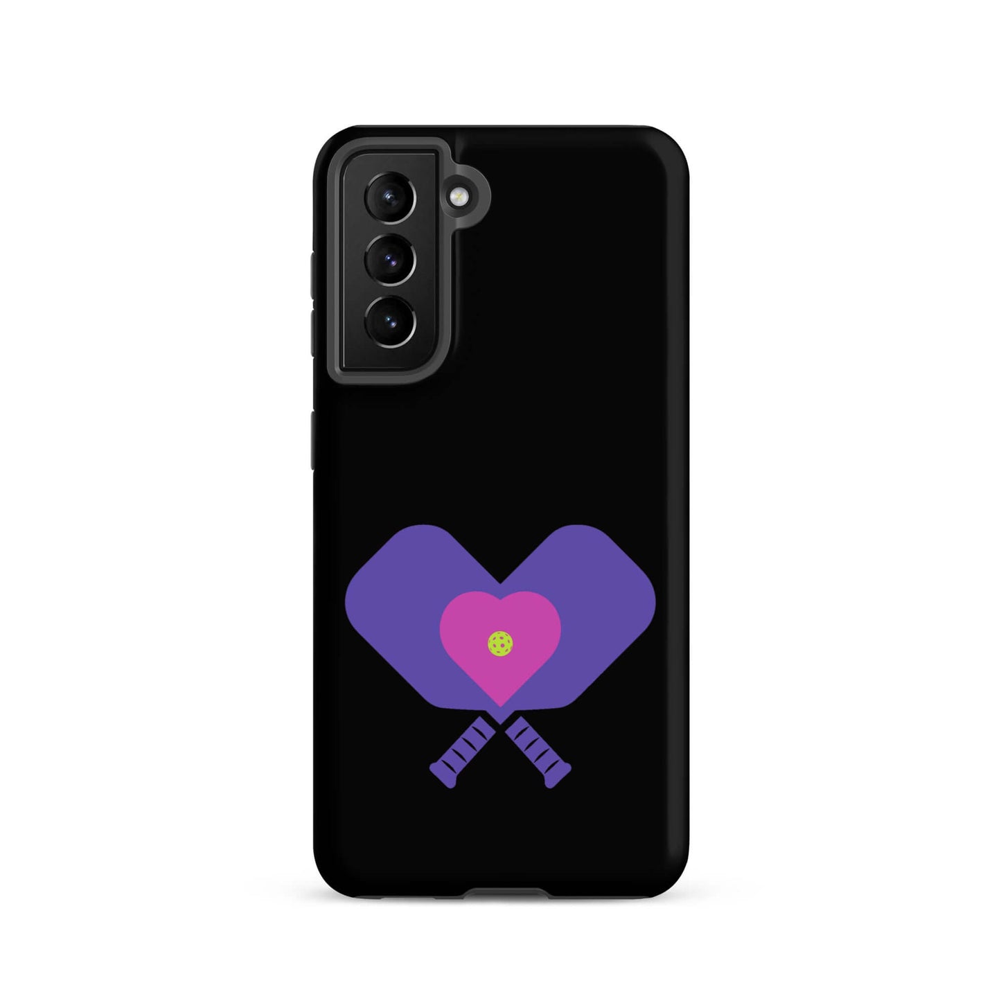 LOVE Pickleball Tough Case for Samsung® featuring heart-shaped paddles on a black background.