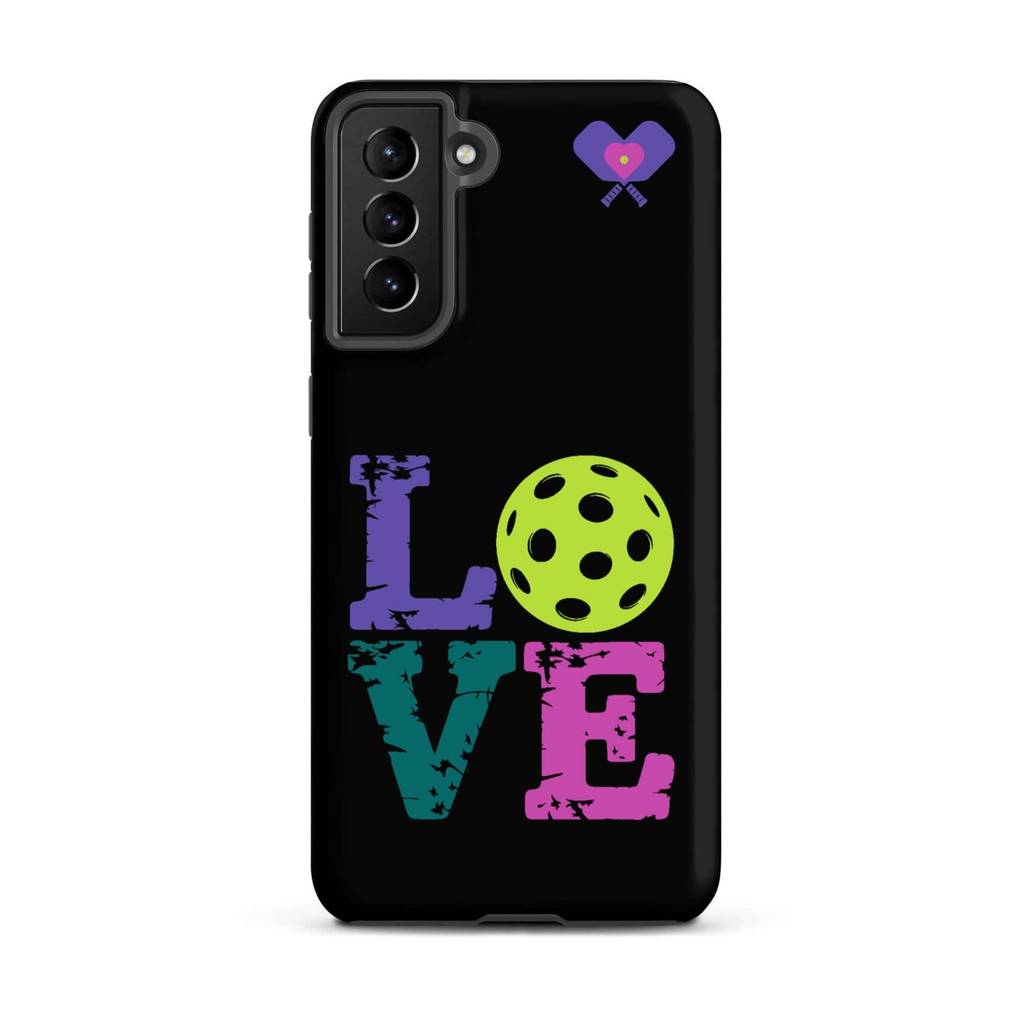 Women’s LOVE Pickleball Tough Case for Samsung® featuring colorful text and a pickleball design