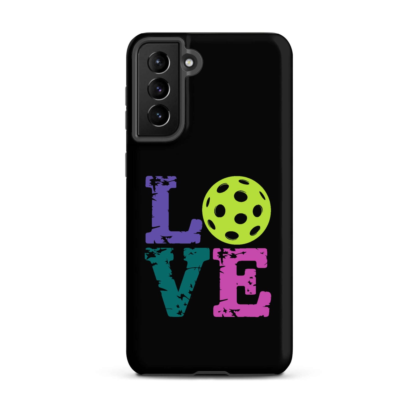 LOVE Pickleball Tough Case for Samsung® featuring colorful lettering and a pickleball graphic.