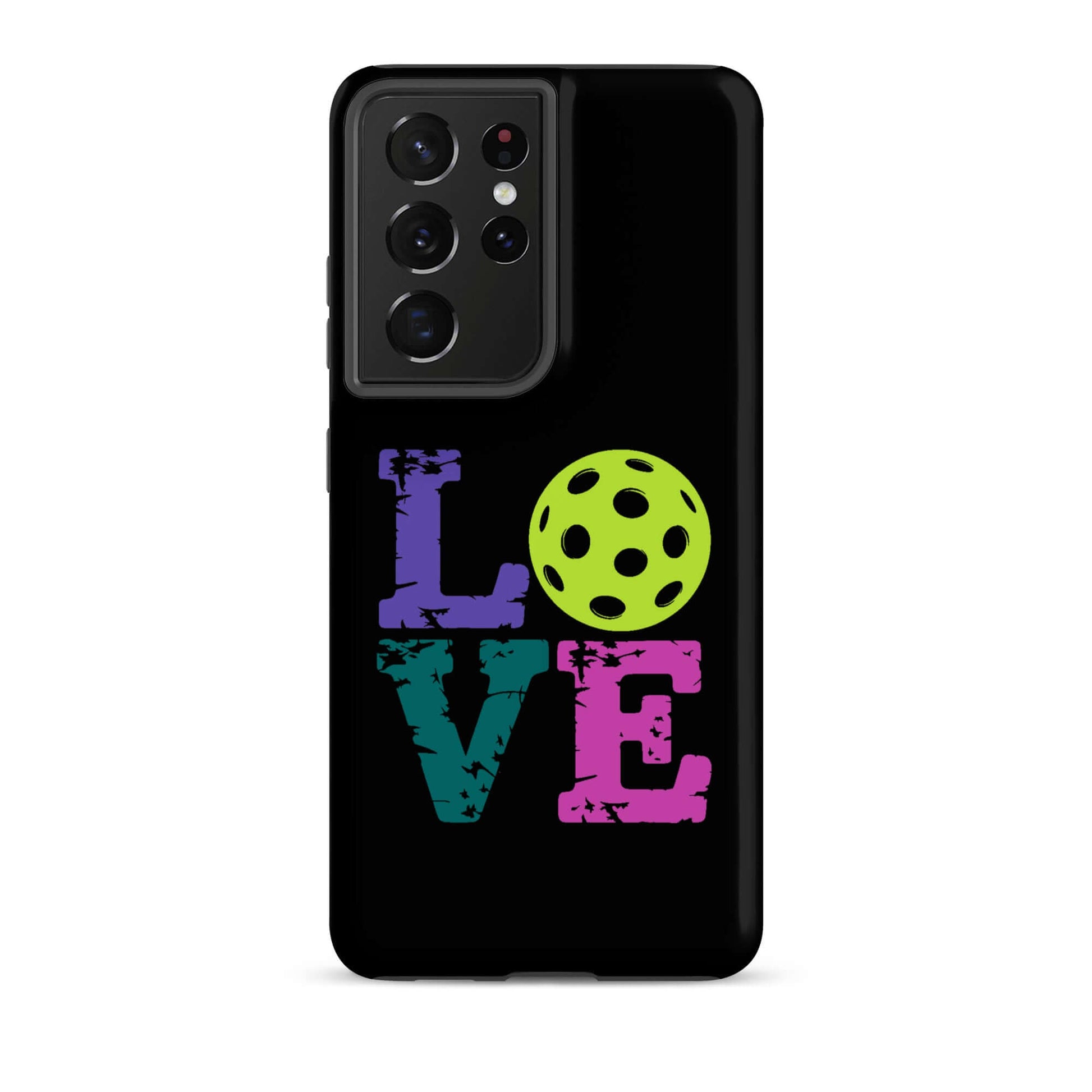 LOVE Pickleball Tough Case for Samsung® with colorful text and pickleball design, perfect for enthusiasts.