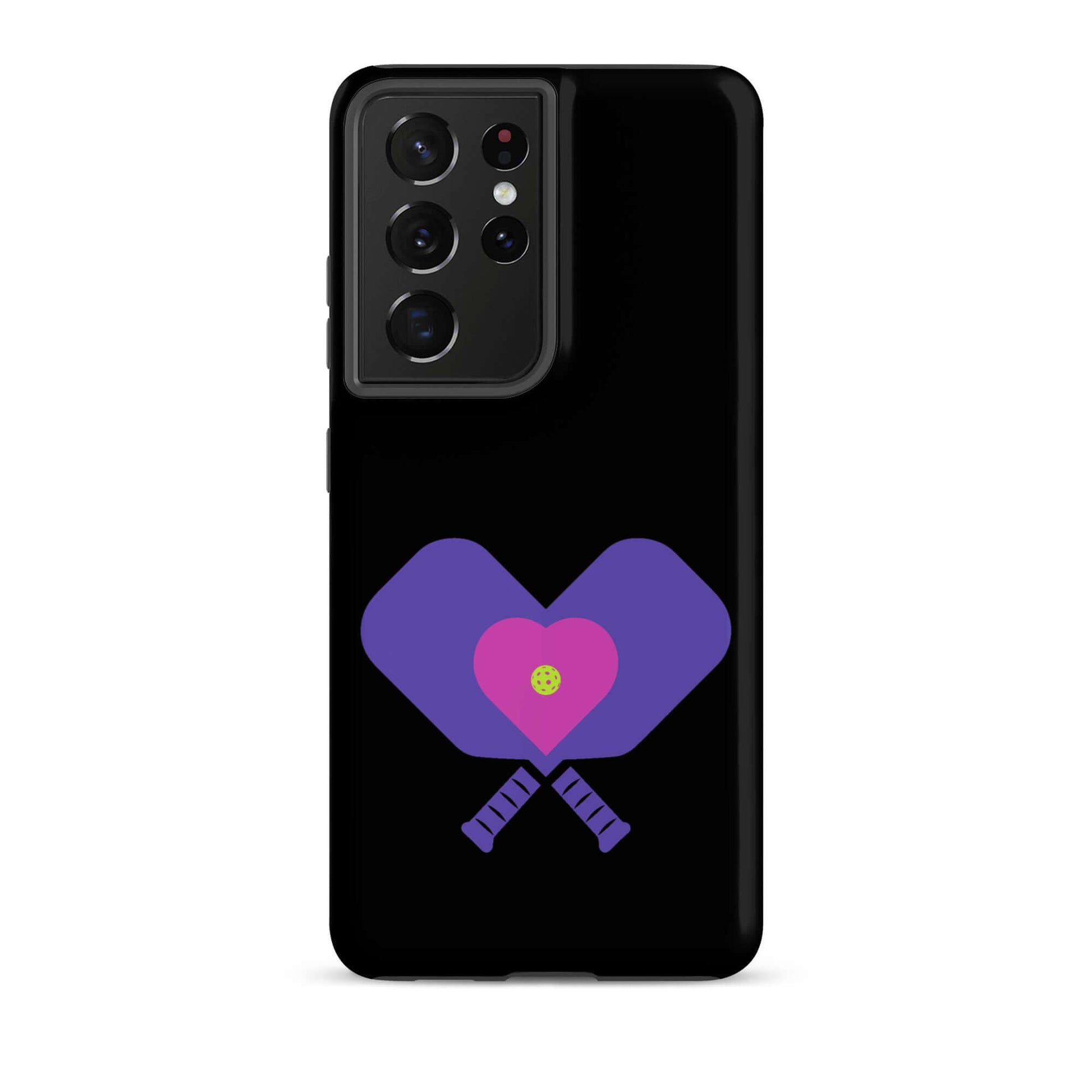 LOVE Pickleball Tough Case for Samsung® featuring paddles and heart design on a sleek black background.