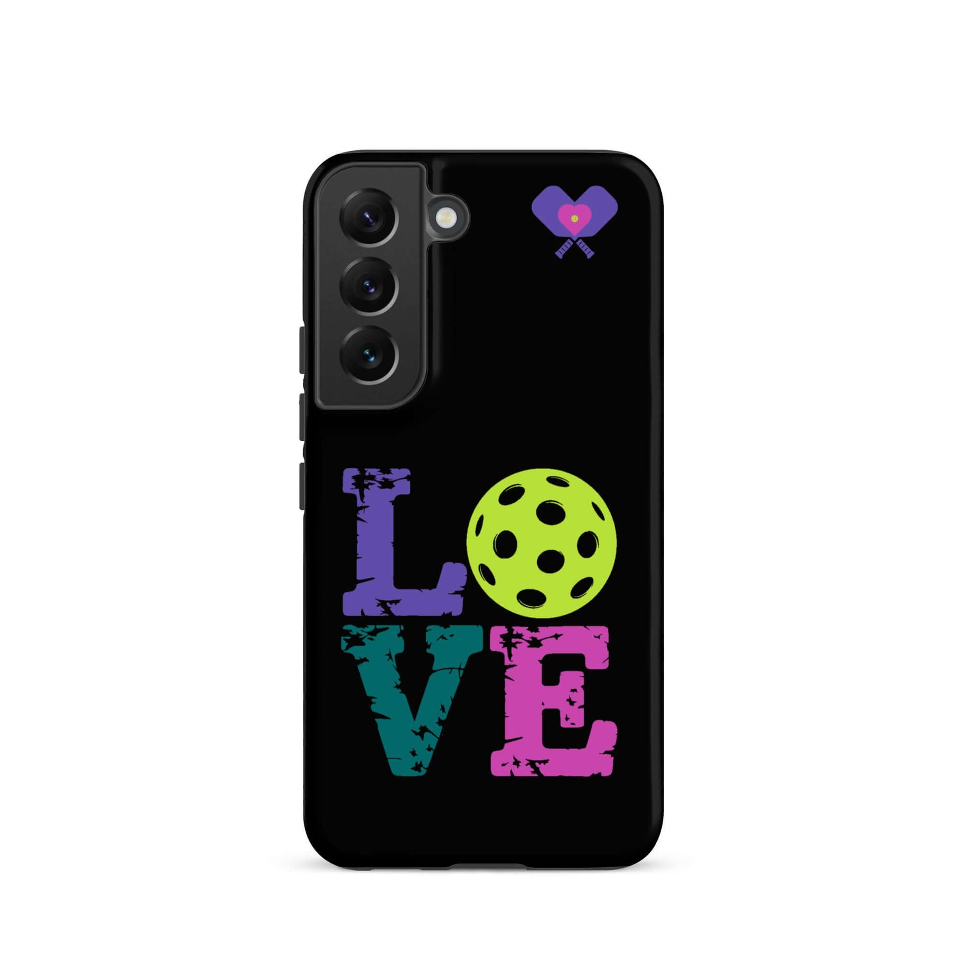 Women’s LOVE Pickleball Tough Case for Samsung® featuring vibrant letters and a pickleball graphic.