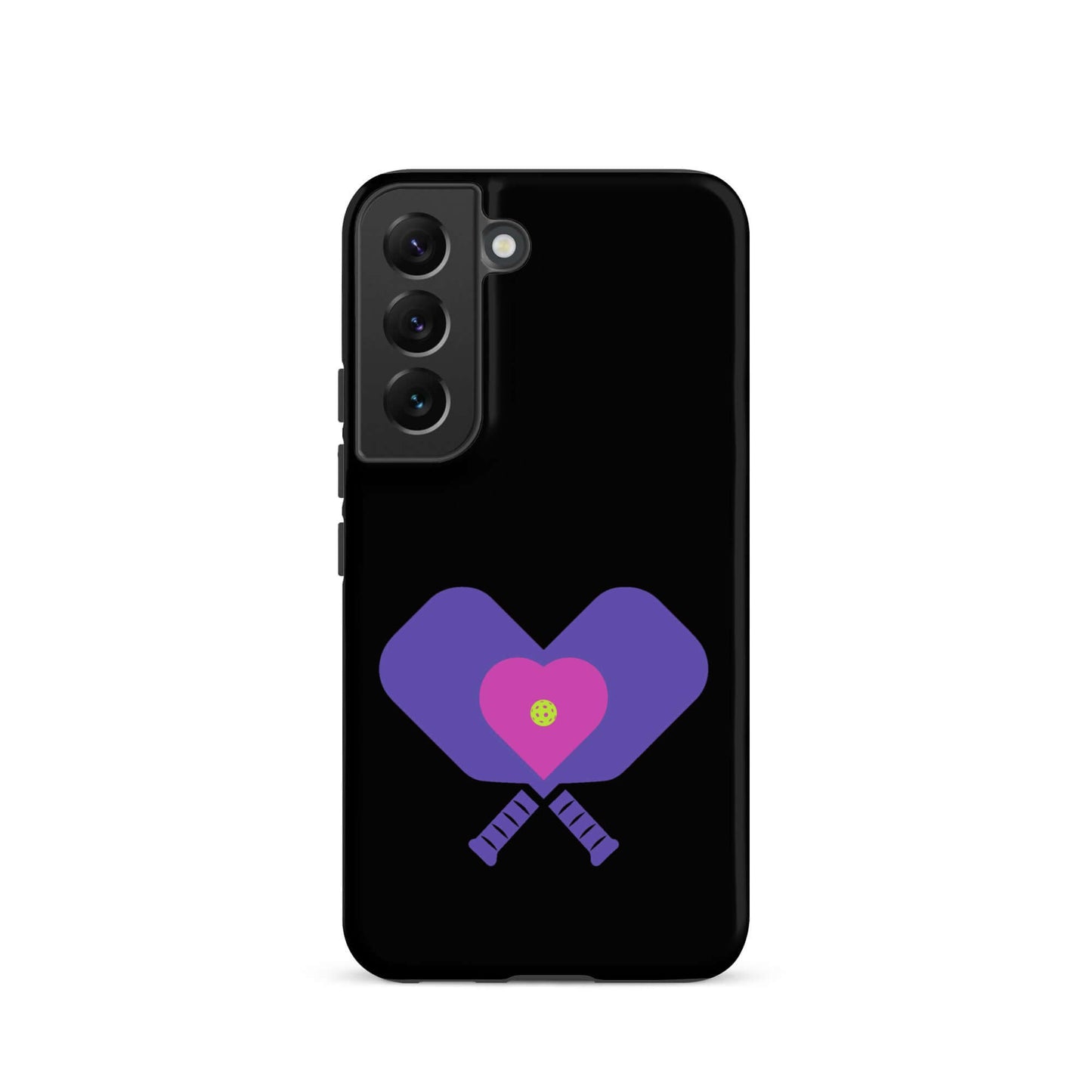 LOVE Pickleball Tough Case for Samsung® featuring heart-patterned paddles on a sleek black background.