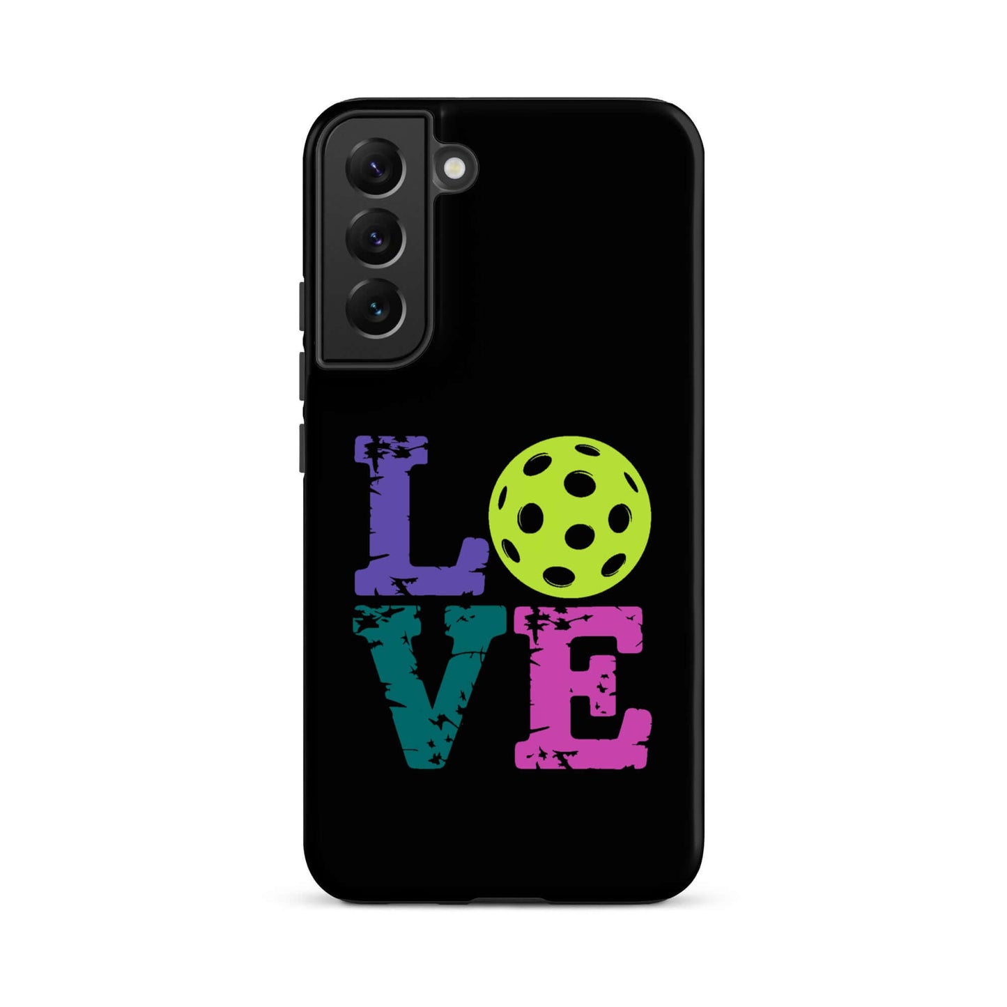 LOVE Pickleball Tough Case for Samsung® with vibrant graphic design on a black background.