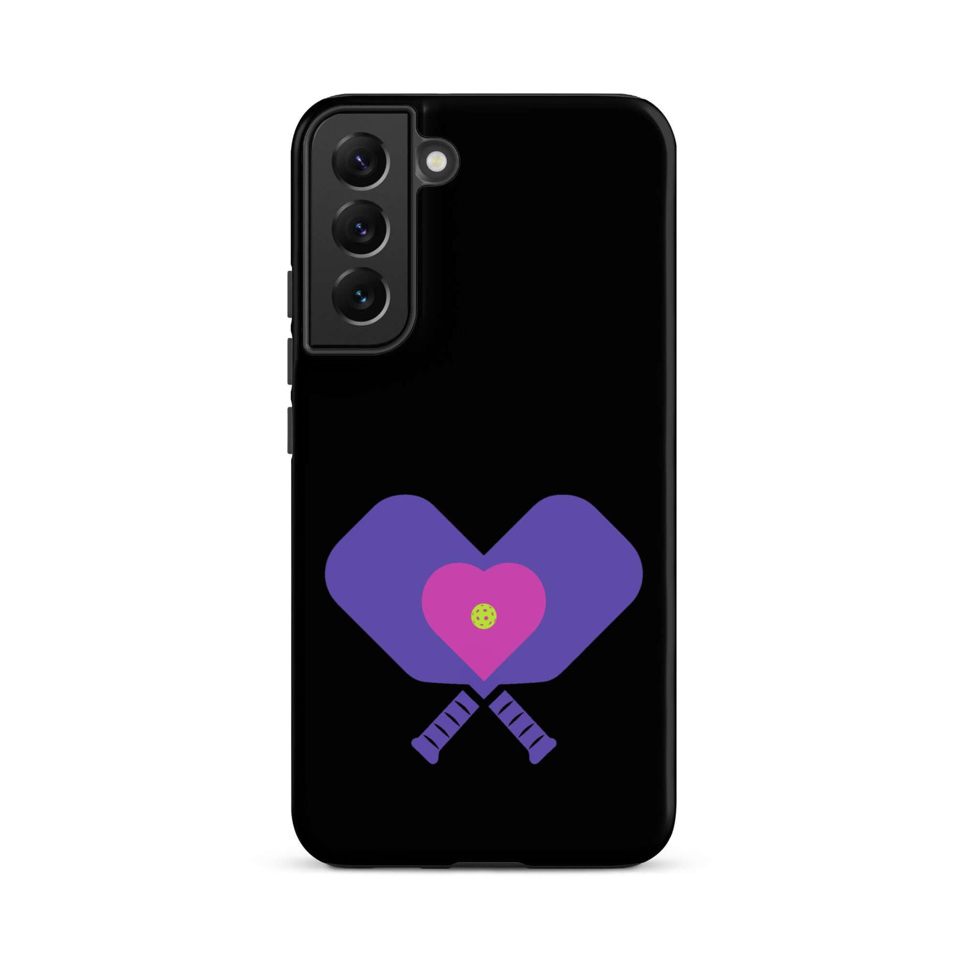 LOVE Pickleball Tough Case for Samsung® featuring artistic pickleball paddles and a heart design.