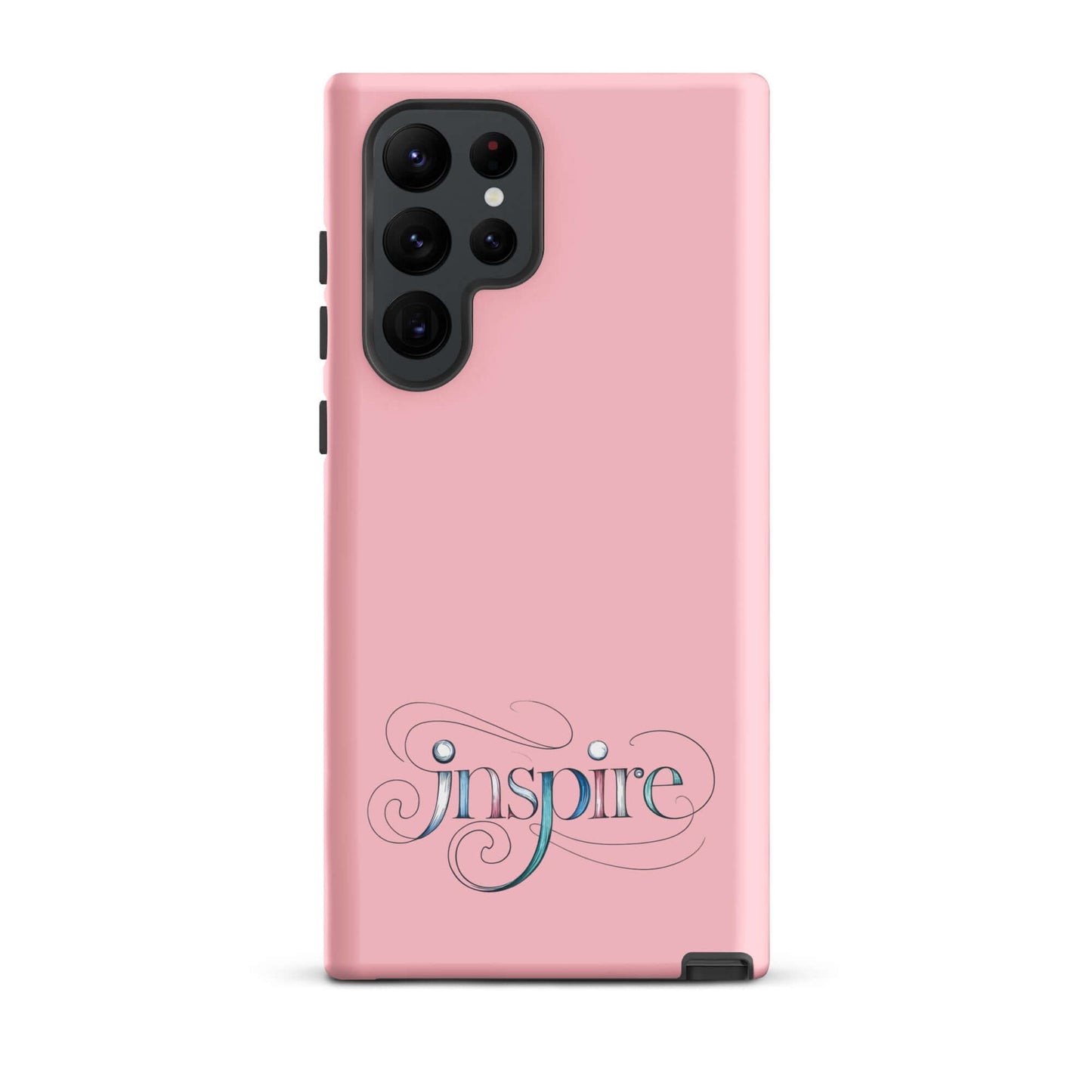 Inspire Sketch Tough Case for Samsung® featuring elegant word art on a pink background.