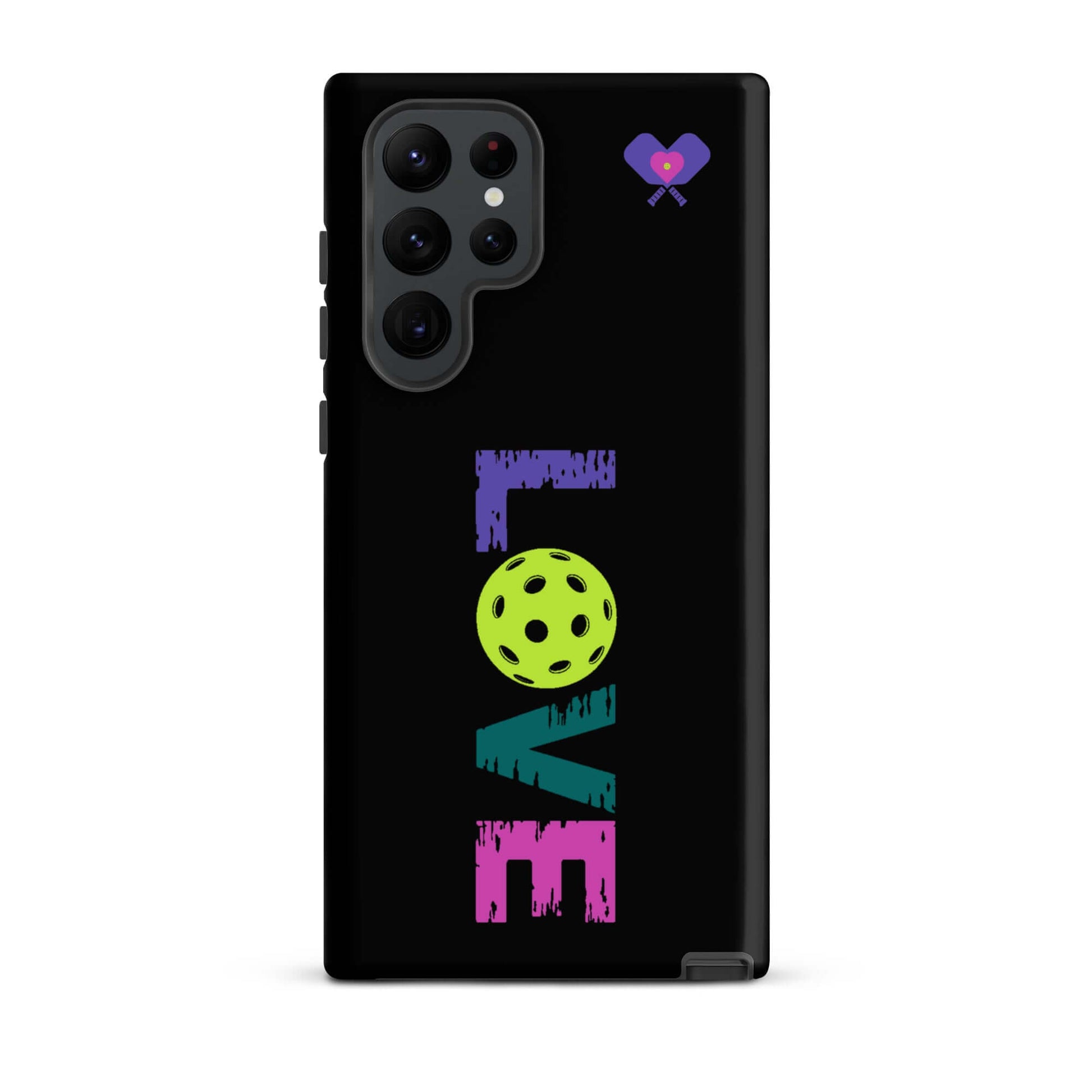 LOVE Pickleball Tough Case for Samsung® featuring colorful text and a pickleball graphic.